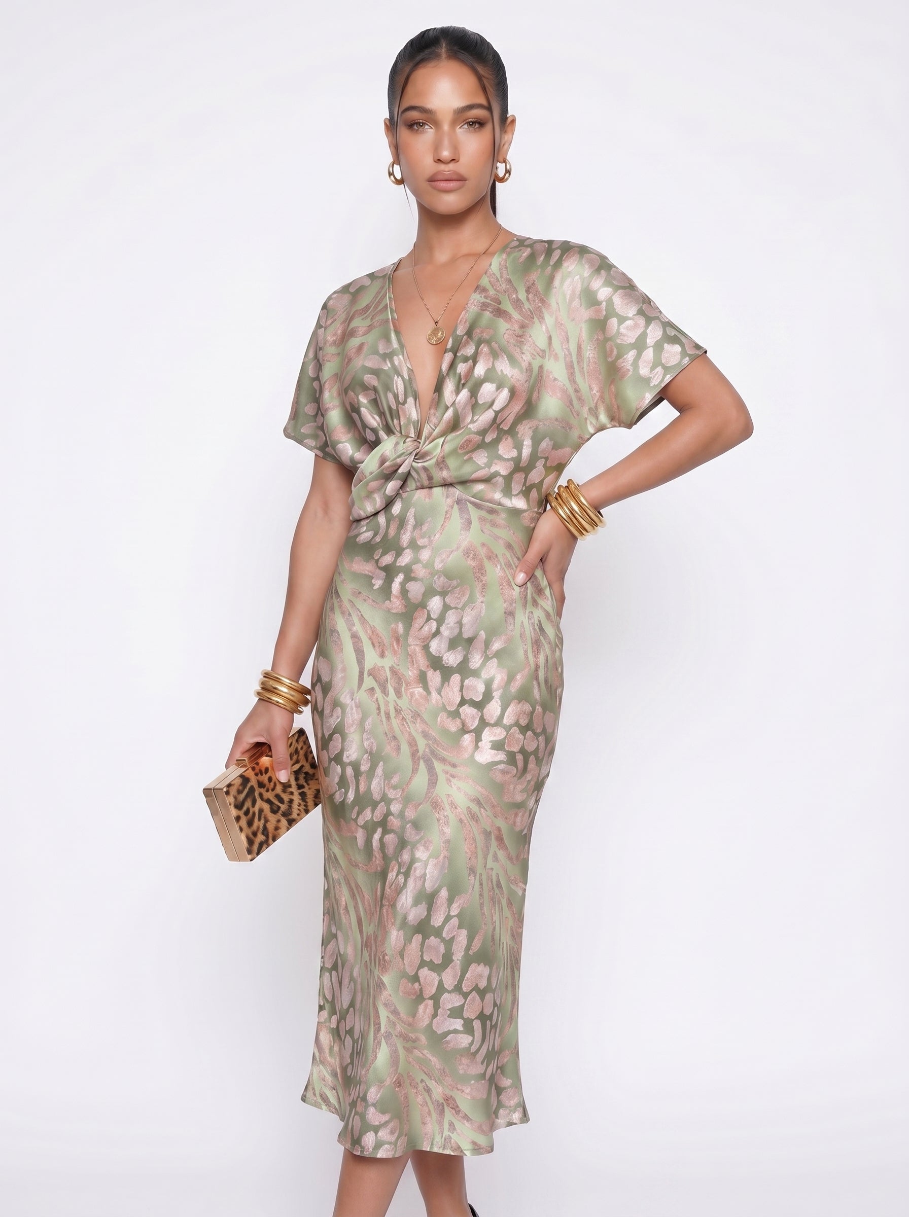 Valentina | Elegant Flowy Maxi Dress with Twist Front Detail — three-quarter