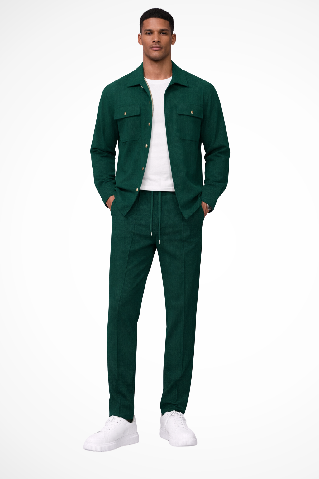 Men Long Sleeve Chest Pocket Overshirt and Straight Leg Trousers Set