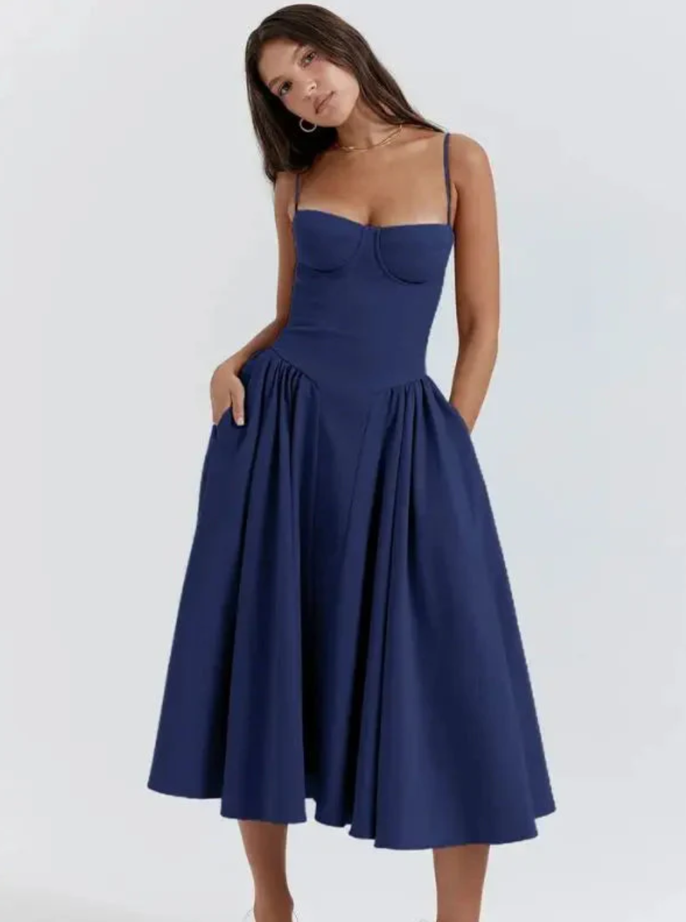 Iris | Corset A Line Midi Dress with Spaghetti Straps