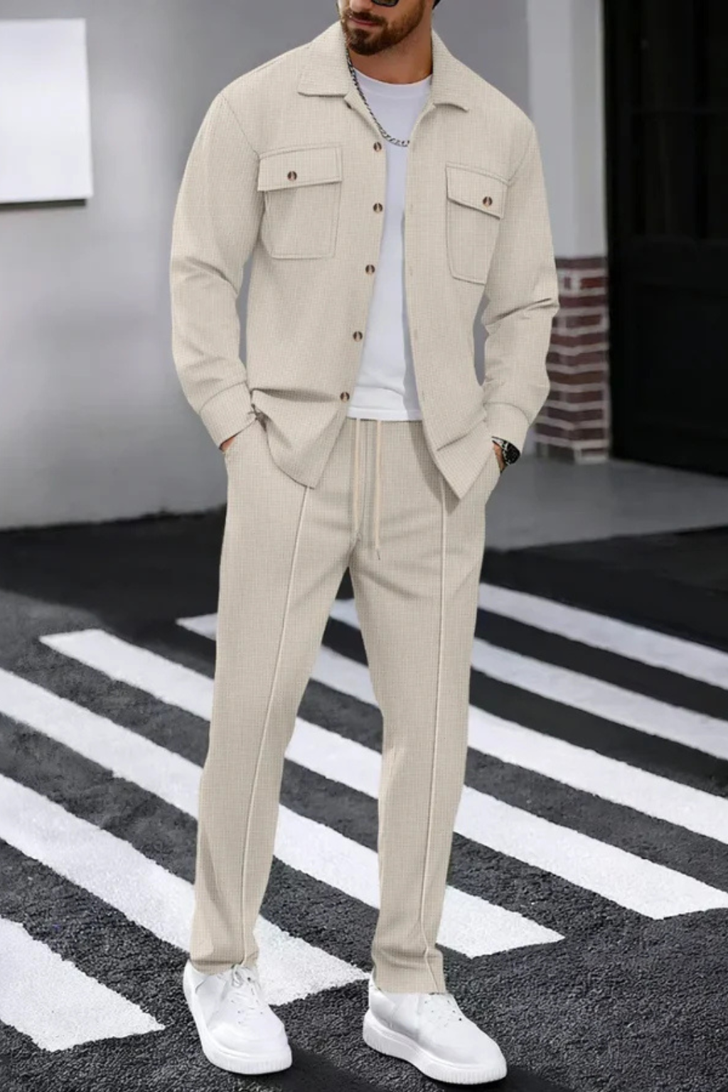 Men Long Sleeve Chest Pocket Overshirt and Straight Leg Trousers Set