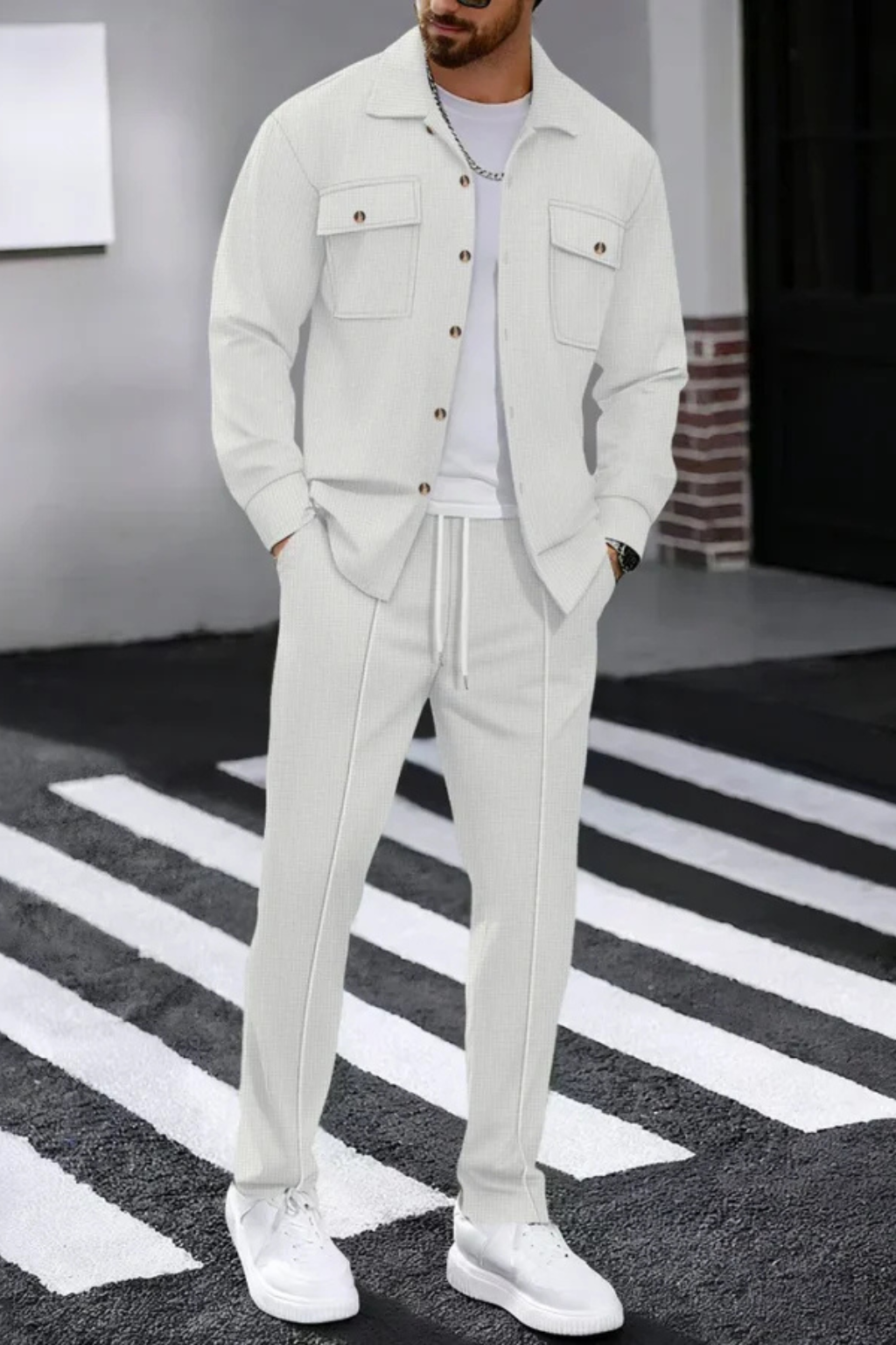 Men Long Sleeve Chest Pocket Overshirt and Straight Leg Trousers Set