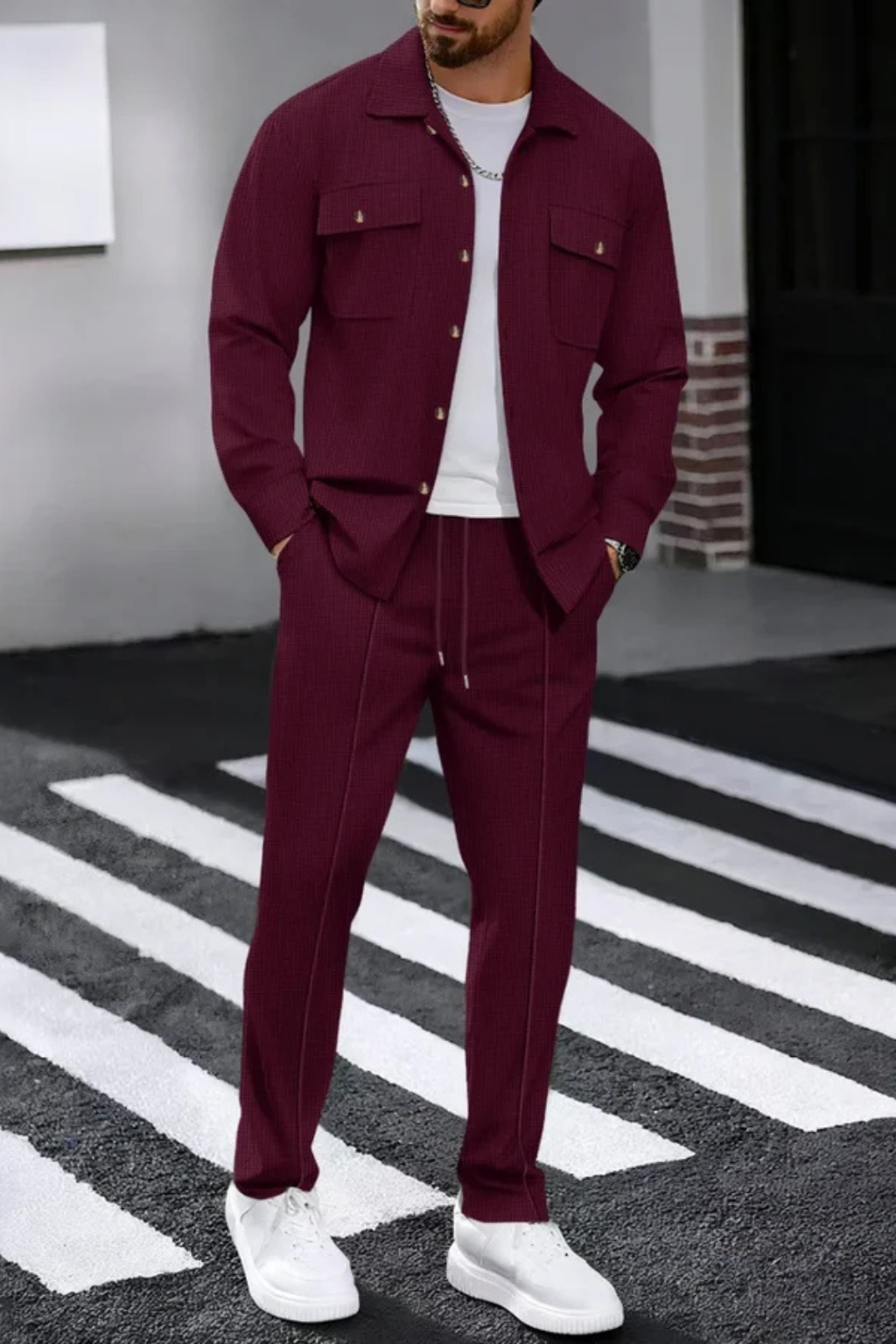 Men Long Sleeve Chest Pocket Overshirt and Straight Leg Trousers Set