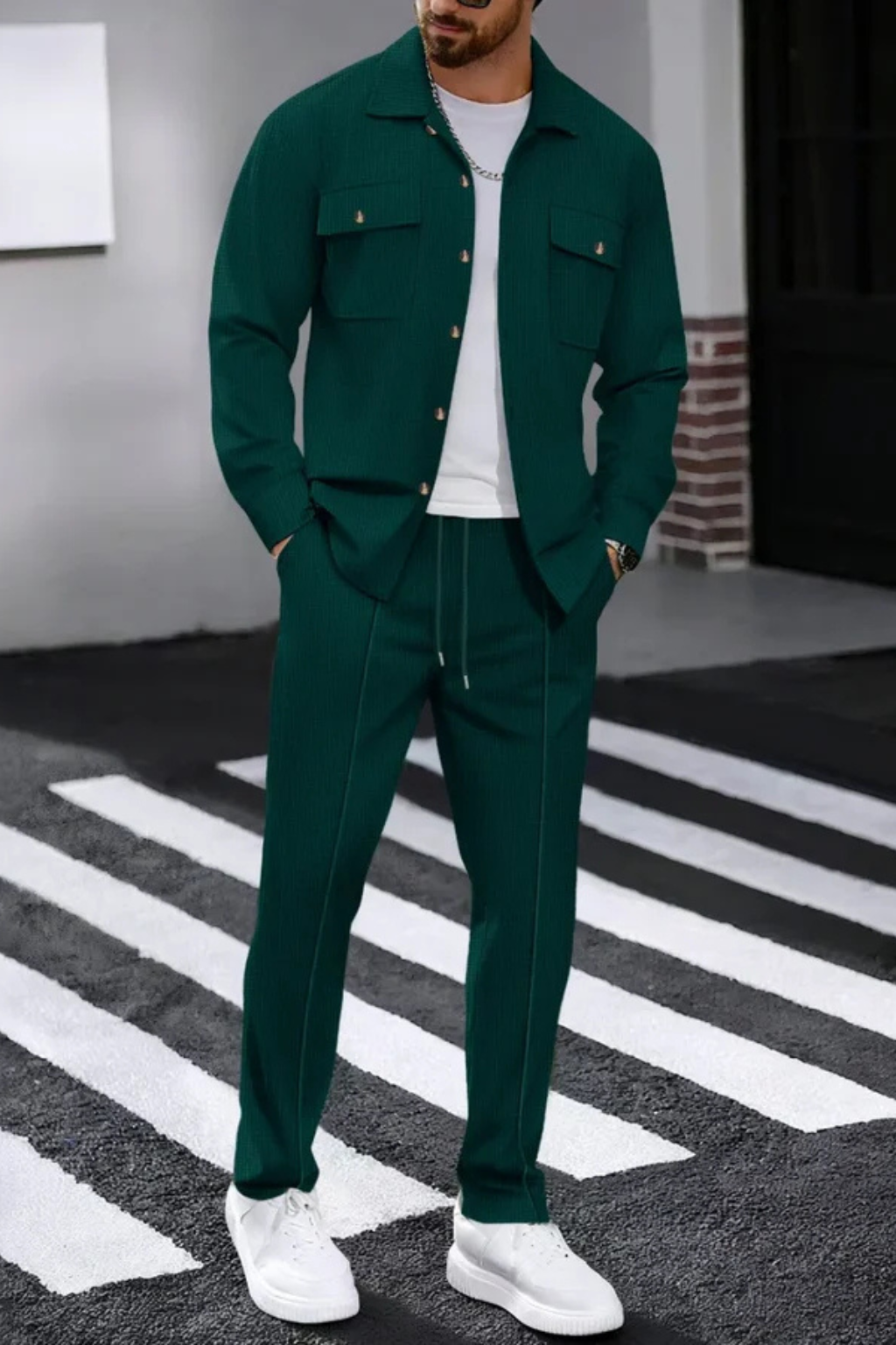 Men Long Sleeve Chest Pocket Overshirt and Straight Leg Trousers Set