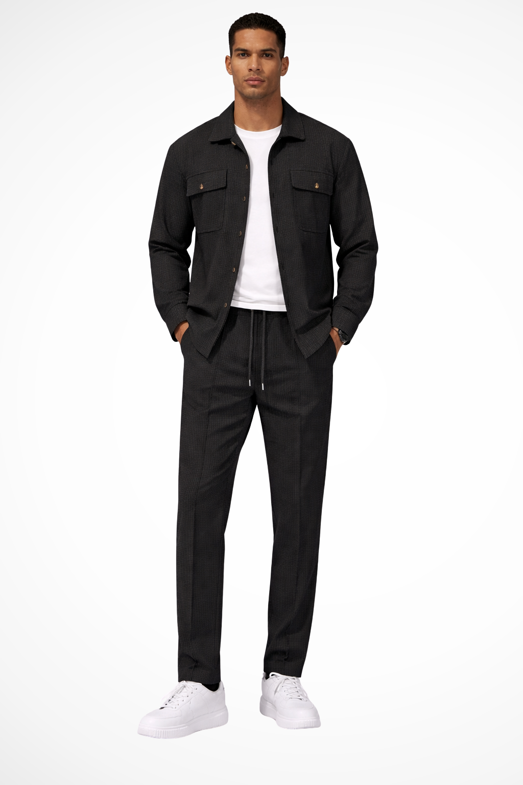 Men Long Sleeve Chest Pocket Overshirt and Straight Leg Trousers Set