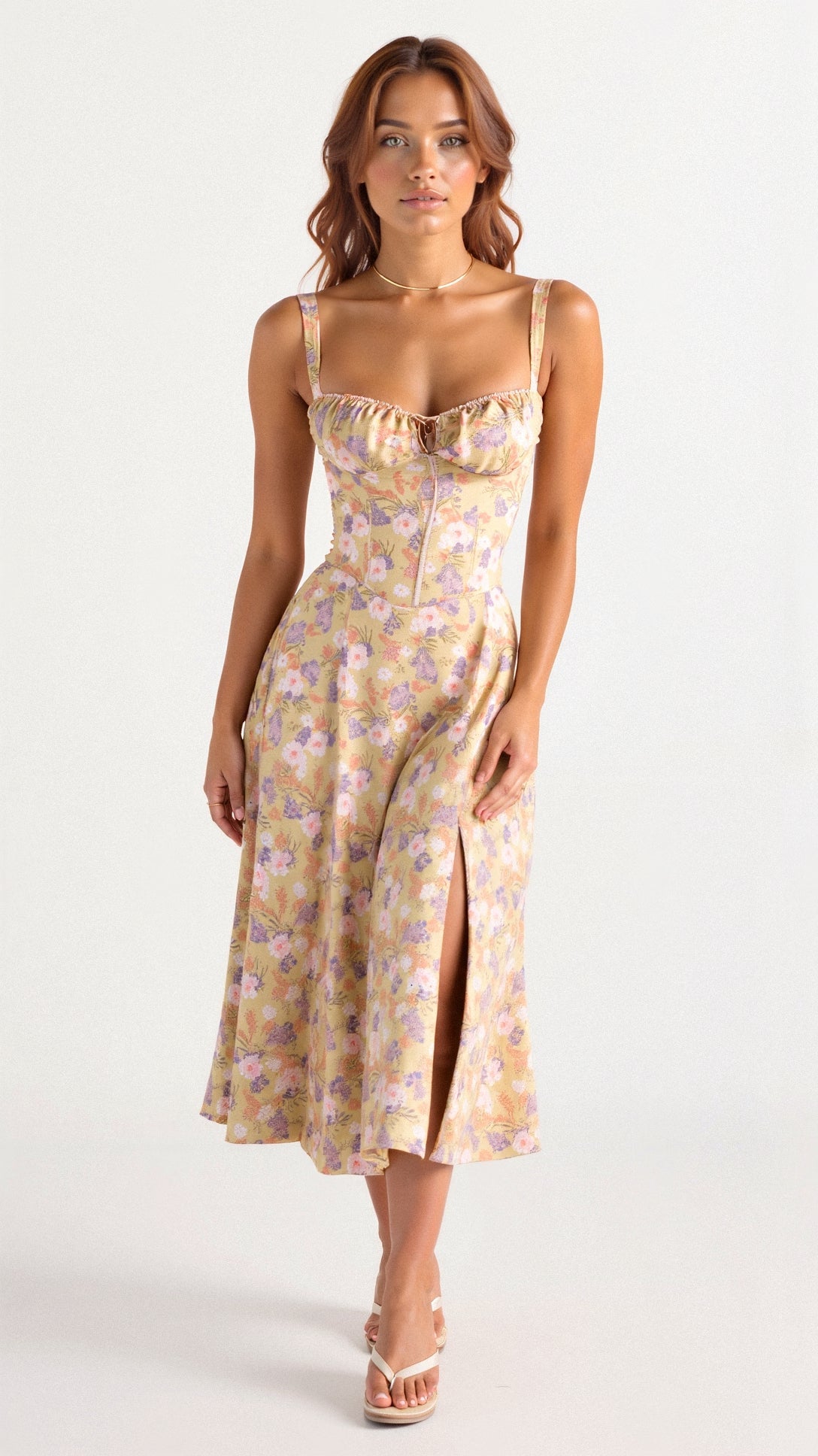 Clara | Classic Corset A Line Midi Dress with Gathered Bust Detail