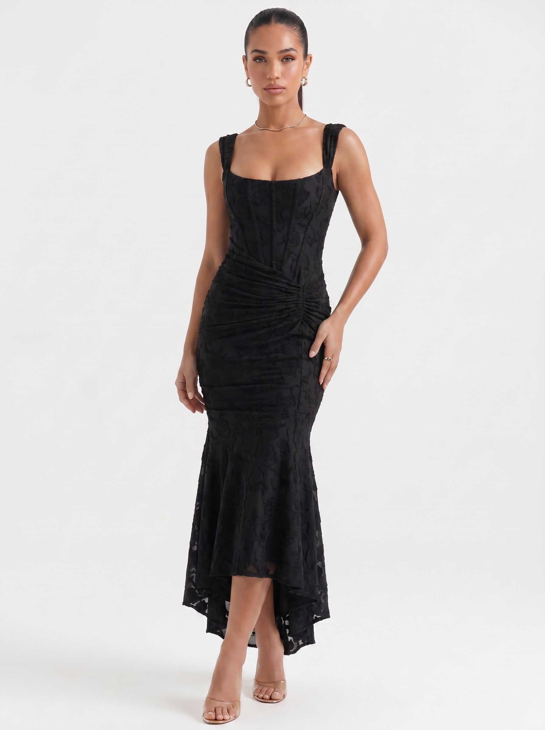 Ana | Elegant Lace Corset Midi Dress with Asymmetric Hem — Black_front