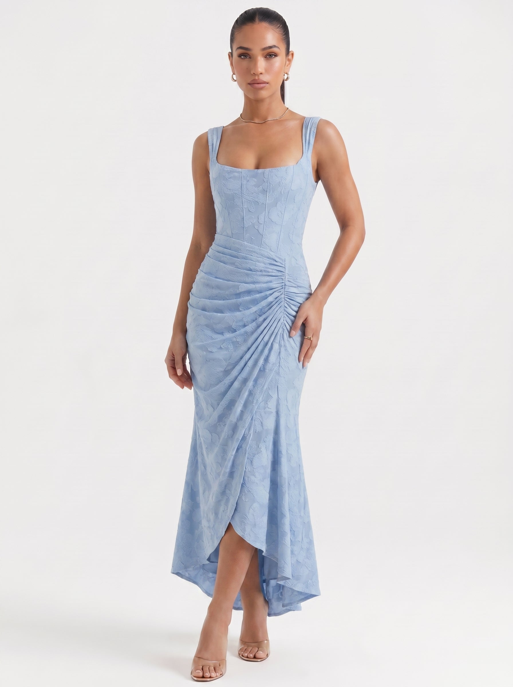 Ana | Elegant Lace Corset Midi Dress with Asymmetric Hem — Light Blue_front