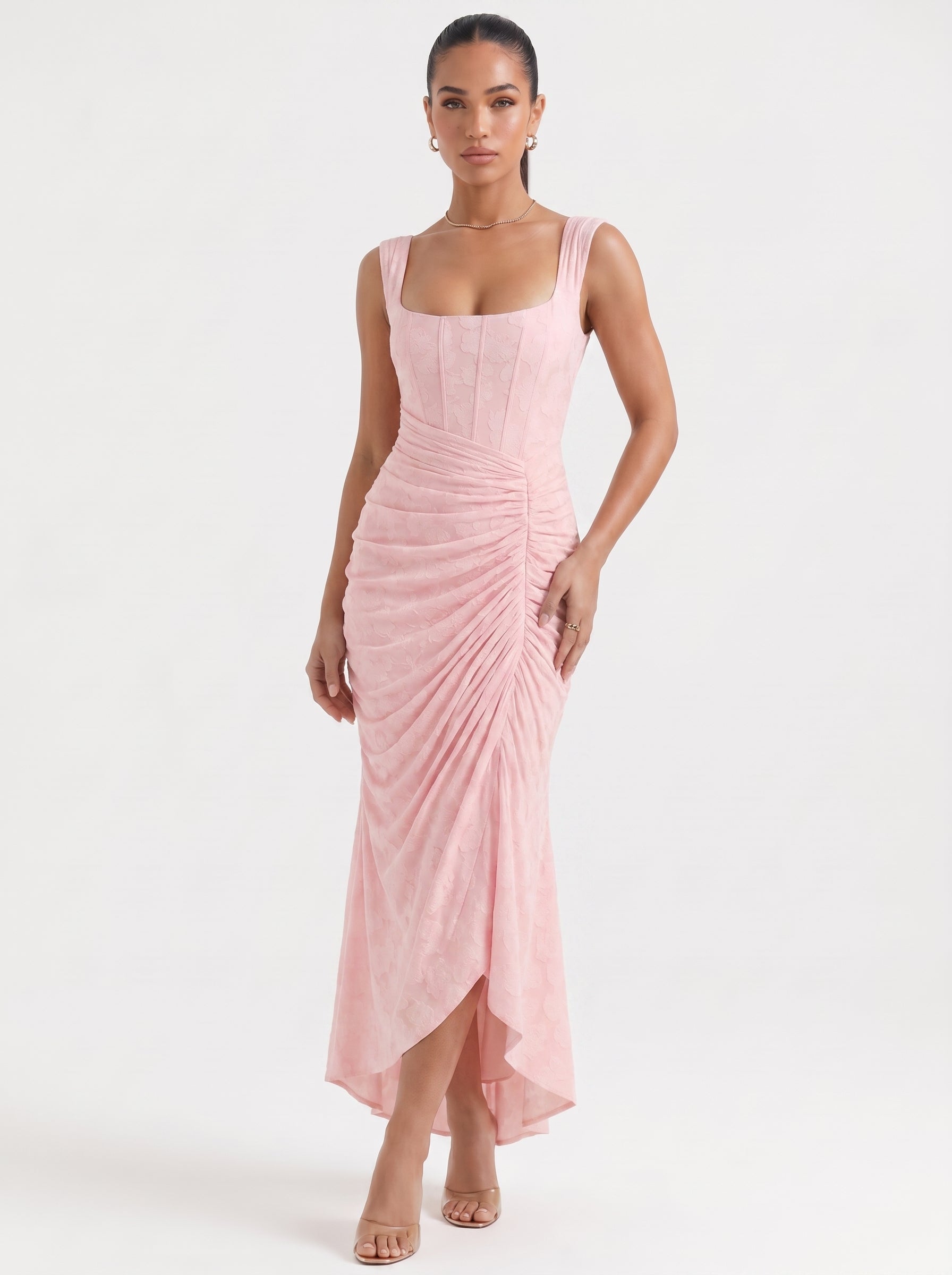 Ana | Elegant Lace Corset Midi Dress with Asymmetric Hem — Light Pink_front