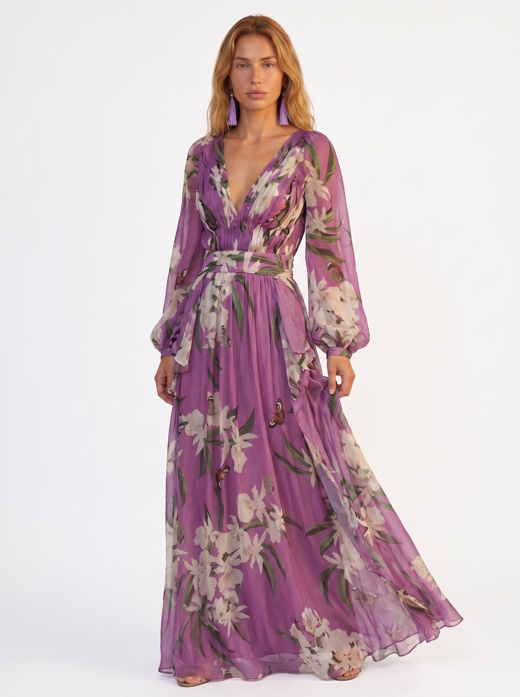 Camille | Elegant Flowy Floral Maxi Dress with Long Sleeves — front