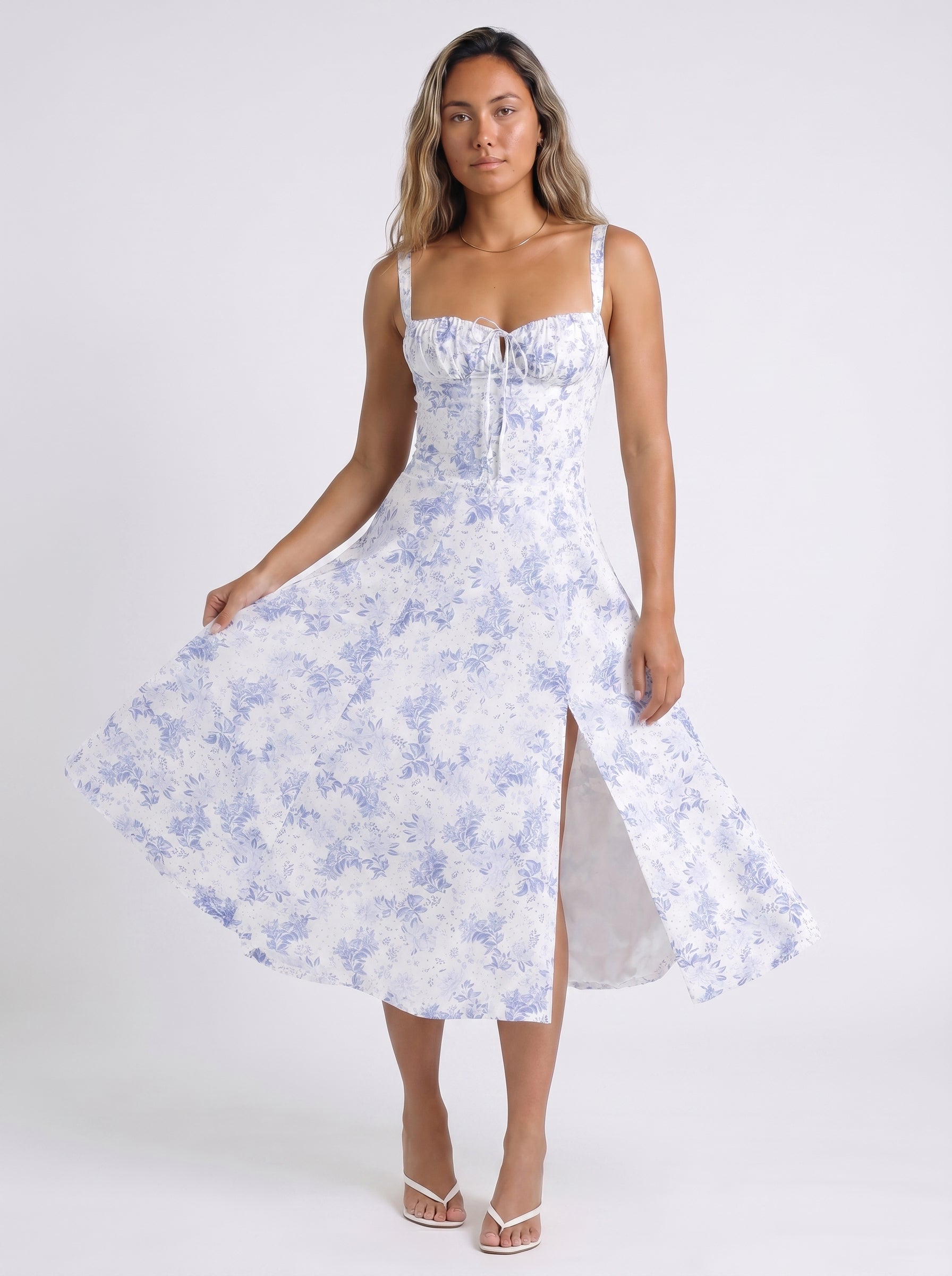 Celeste | Charming Floral Corset Midi Dress with A Line Skirt — Blue Floral_front
