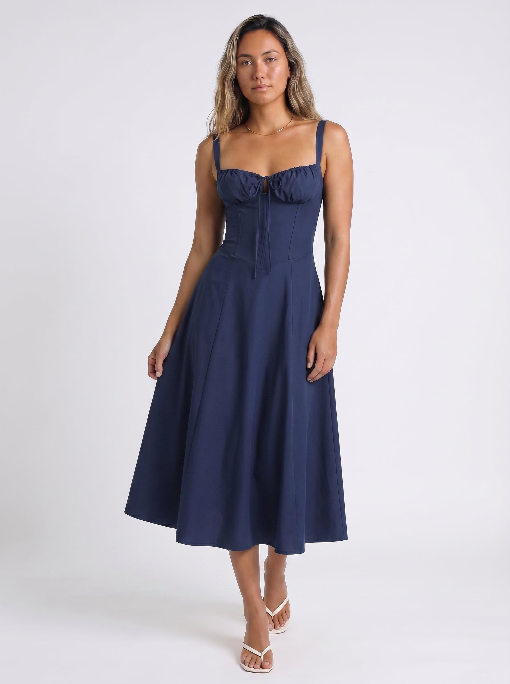 Celeste | Charming Floral Corset Midi Dress with A Line Skirt — Navy Blue_front