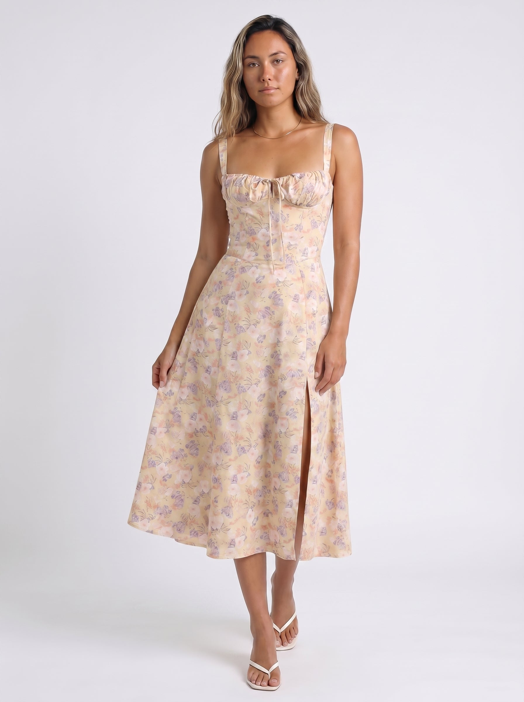 Celeste | Charming Floral Corset Midi Dress with A Line Skirt — White Rose_front