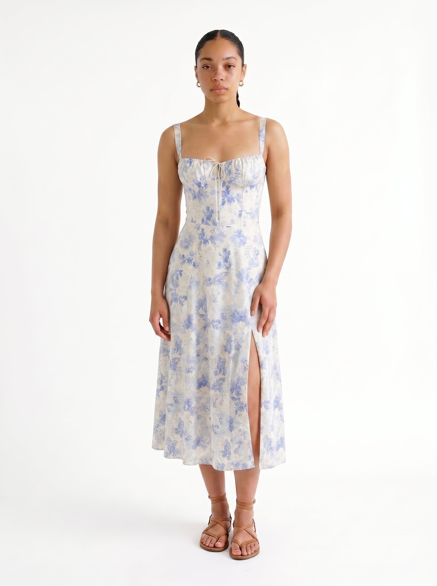 Clara | Classic Corset A Line Midi Dress with Gathered Bust Detail — Blue_front