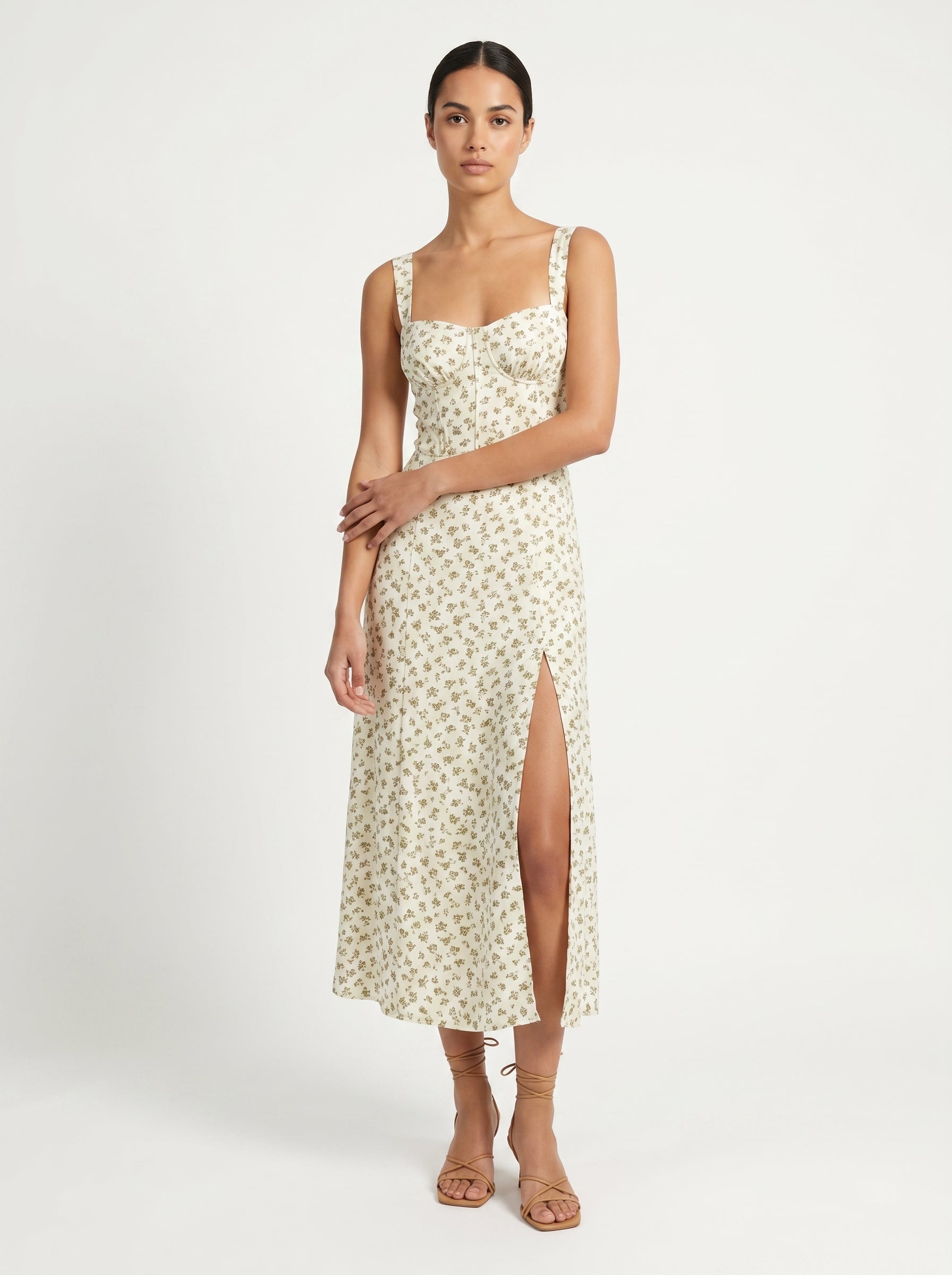 Clara | Classic Corset A Line Midi Dress with Gathered Bust Detail — Green_front