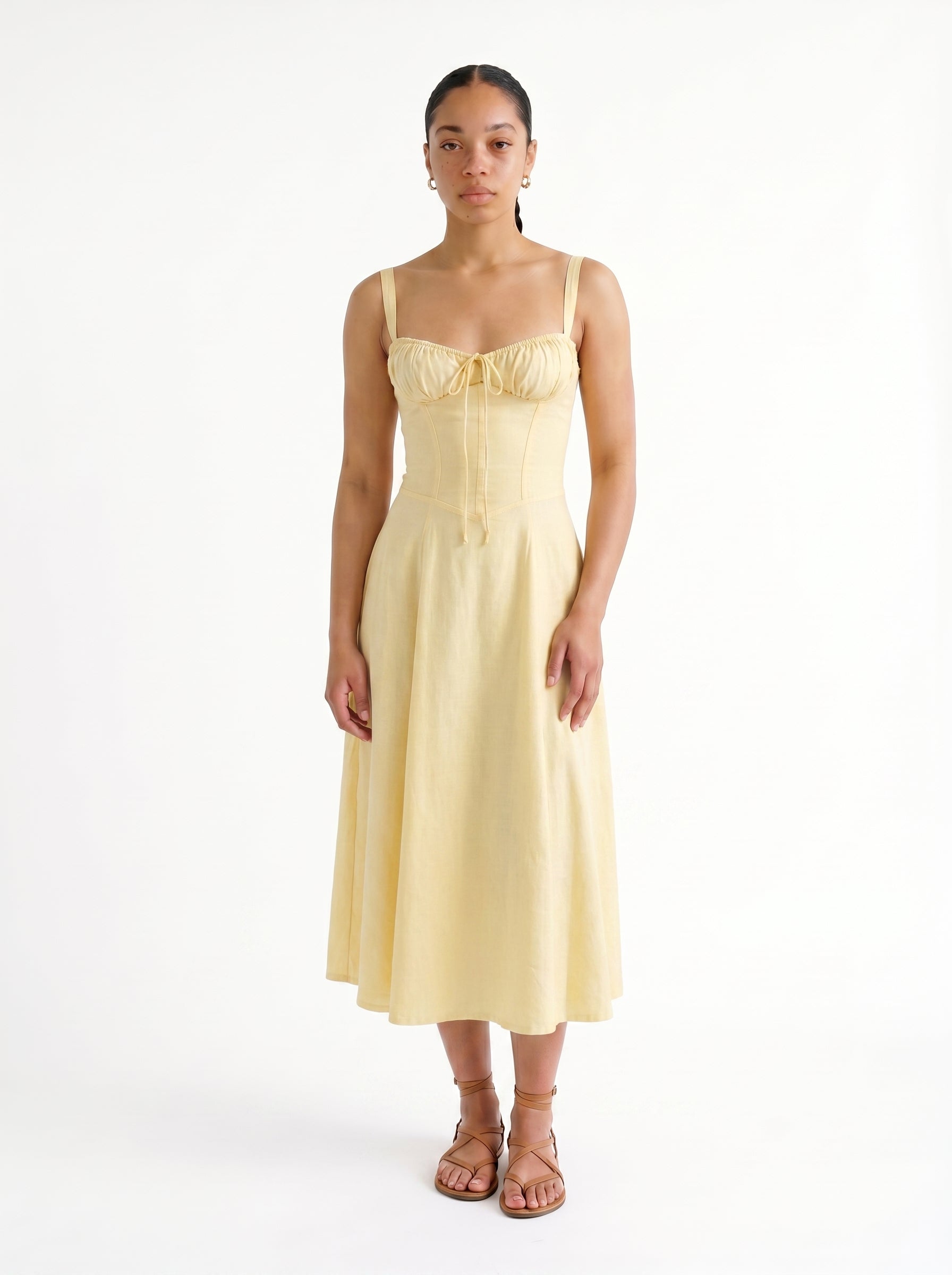 Clara | Classic Corset A Line Midi Dress with Gathered Bust Detail — Light Yellow_front