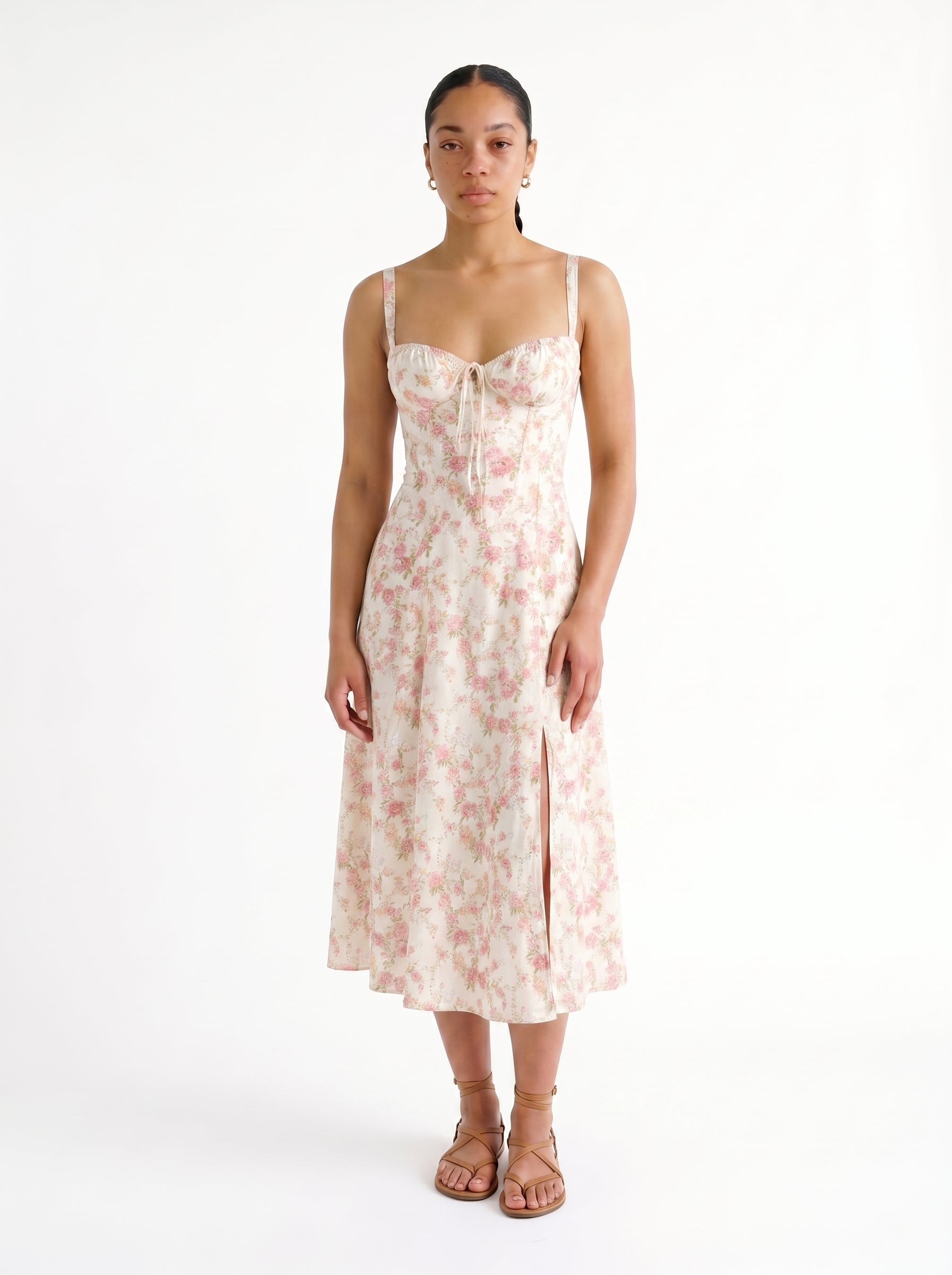Clara | Classic Corset A Line Midi Dress with Gathered Bust Detail — Pink_front