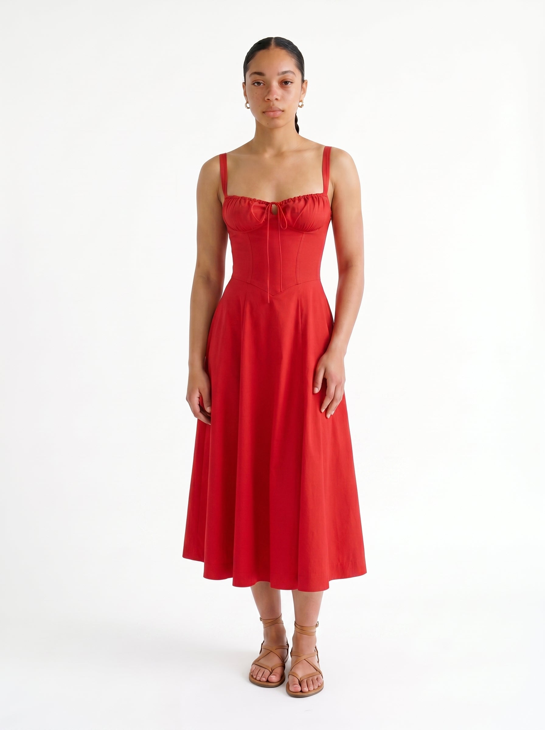 Clara | Classic Corset A Line Midi Dress with Gathered Bust Detail — Red_front