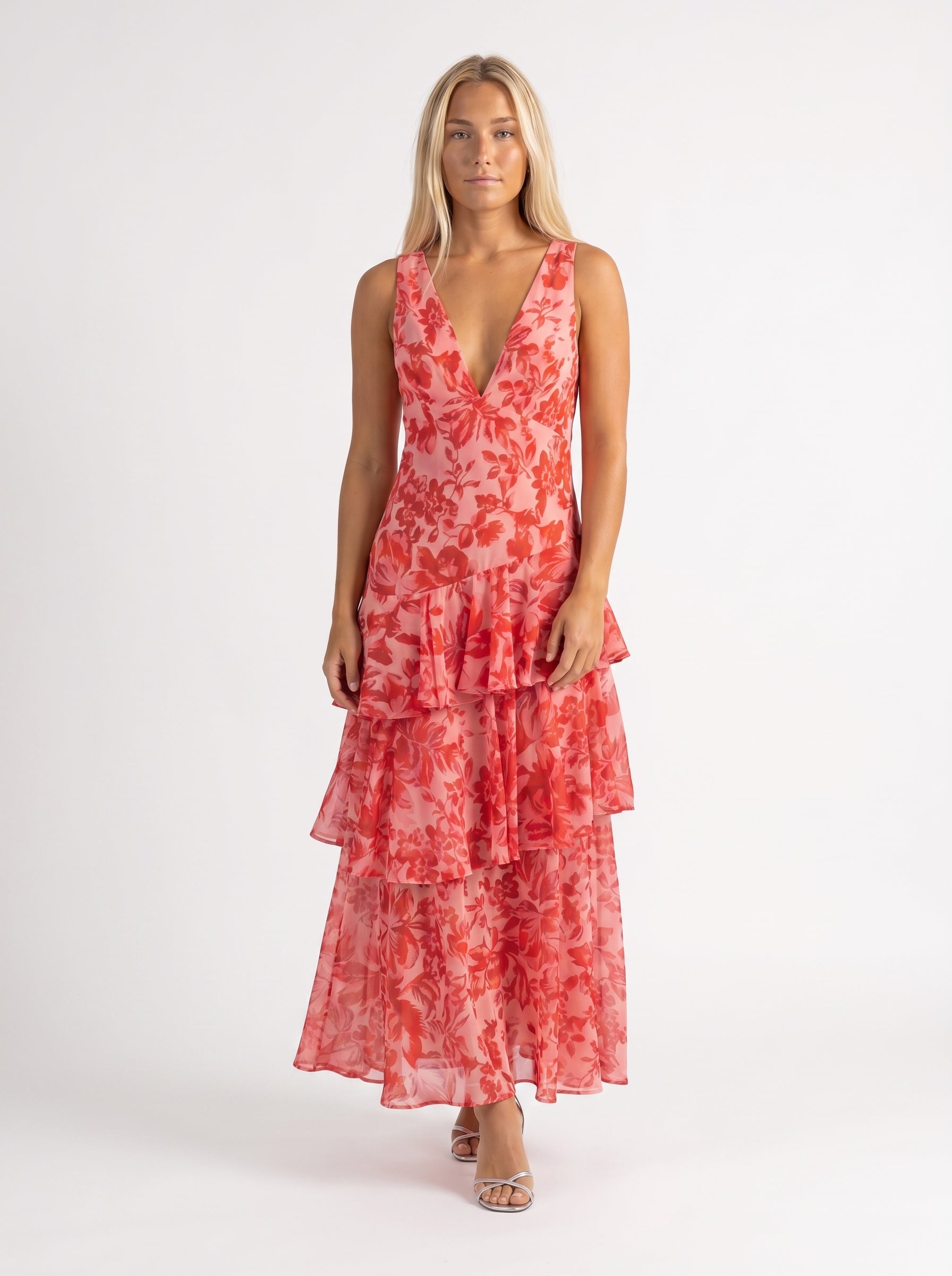 Clara | Elegant Flowy Tiered Maxi Dress with V Neckline — front