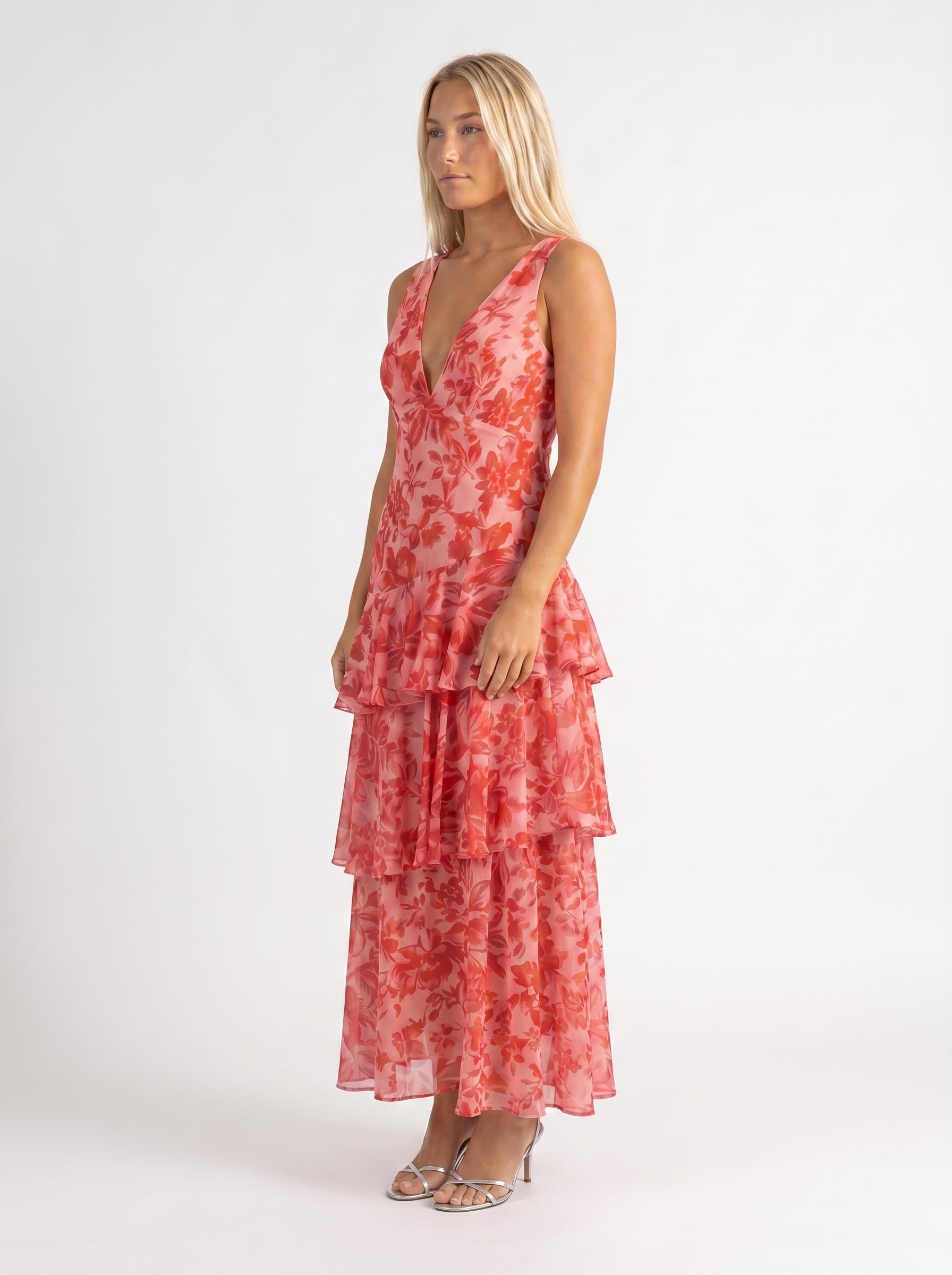 Clara | Elegant Flowy Tiered Maxi Dress with V Neckline — three-quarter