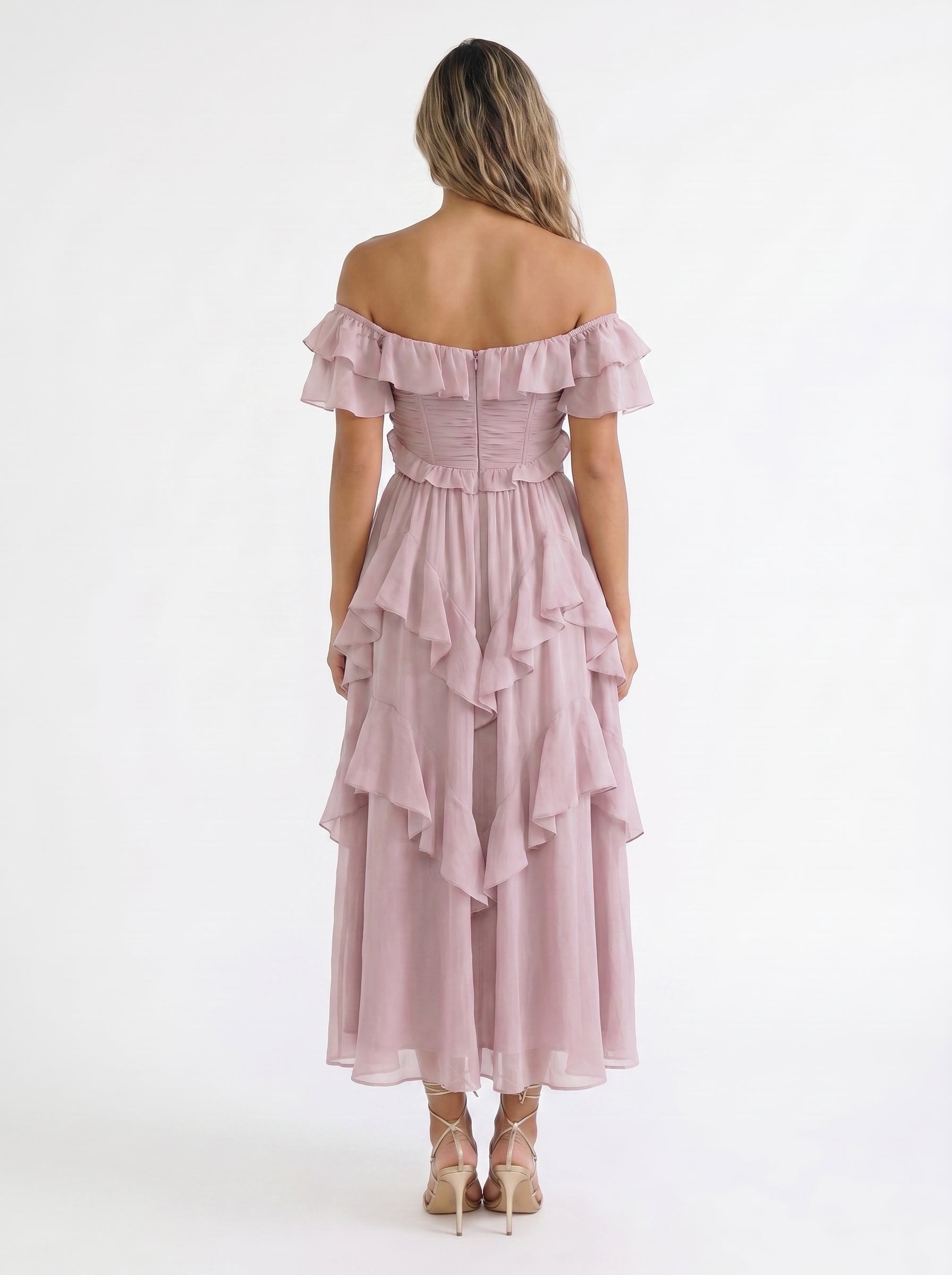 Eva | Flowy Tiered Maxi Corset Dress with Ruffle Sleeves — back