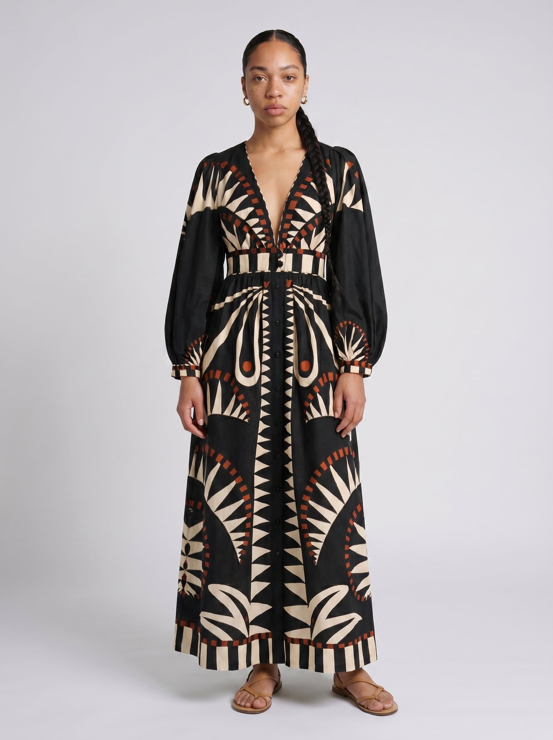 Francesca | Elegant Tiered Shirt Maxi Dress with Long Sleeves — Black_front