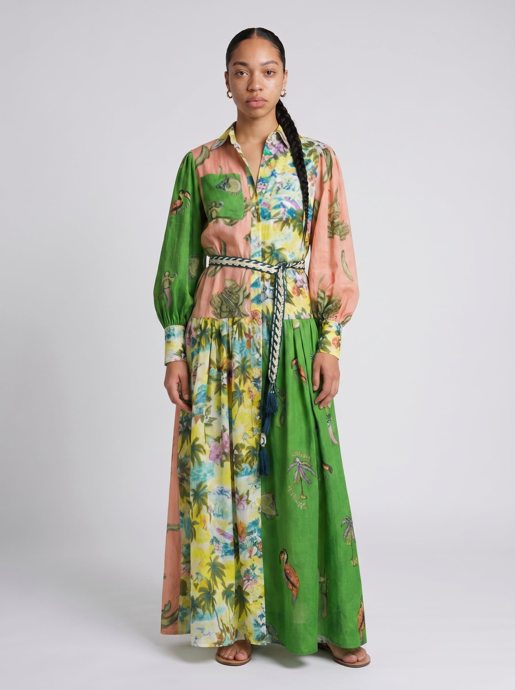 Francesca | Elegant Tiered Shirt Maxi Dress with Long Sleeves — Dark Green_front