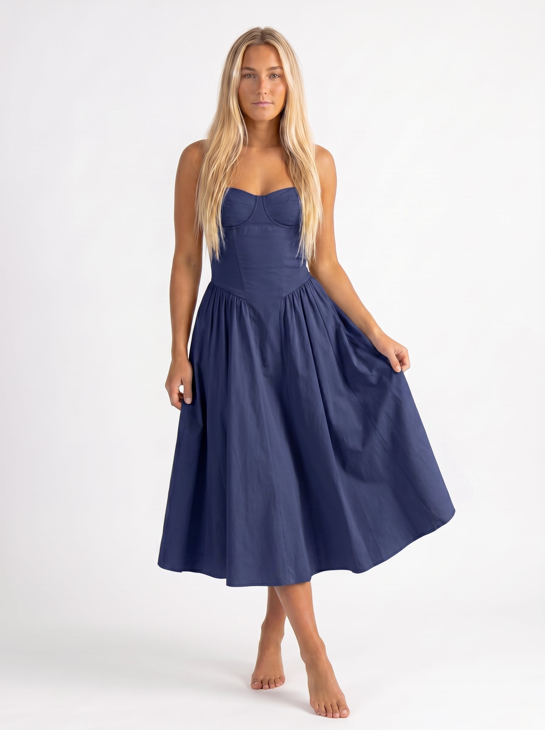 Iris | Corset A Line Midi Dress with Spaghetti Straps — Dark Blue_front