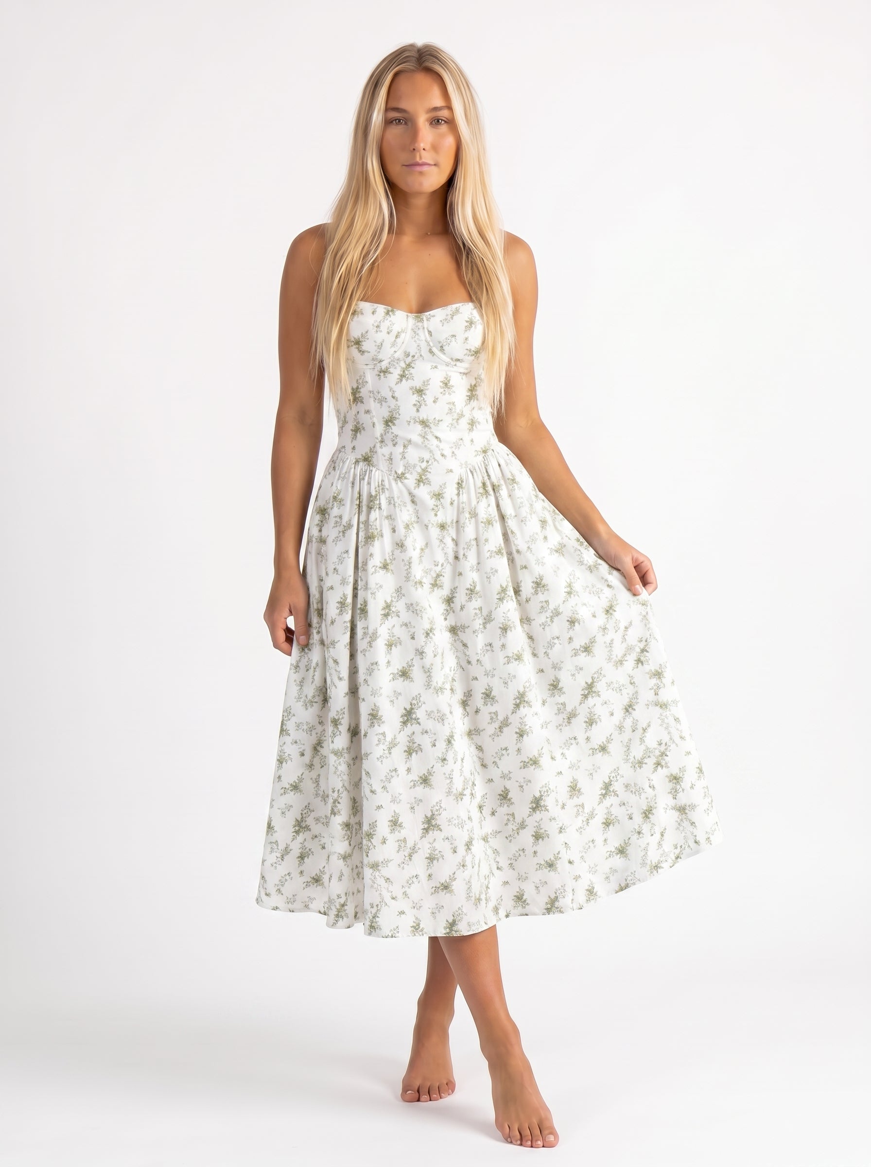 Iris | Corset A Line Midi Dress with Spaghetti Straps — Light Grey_front