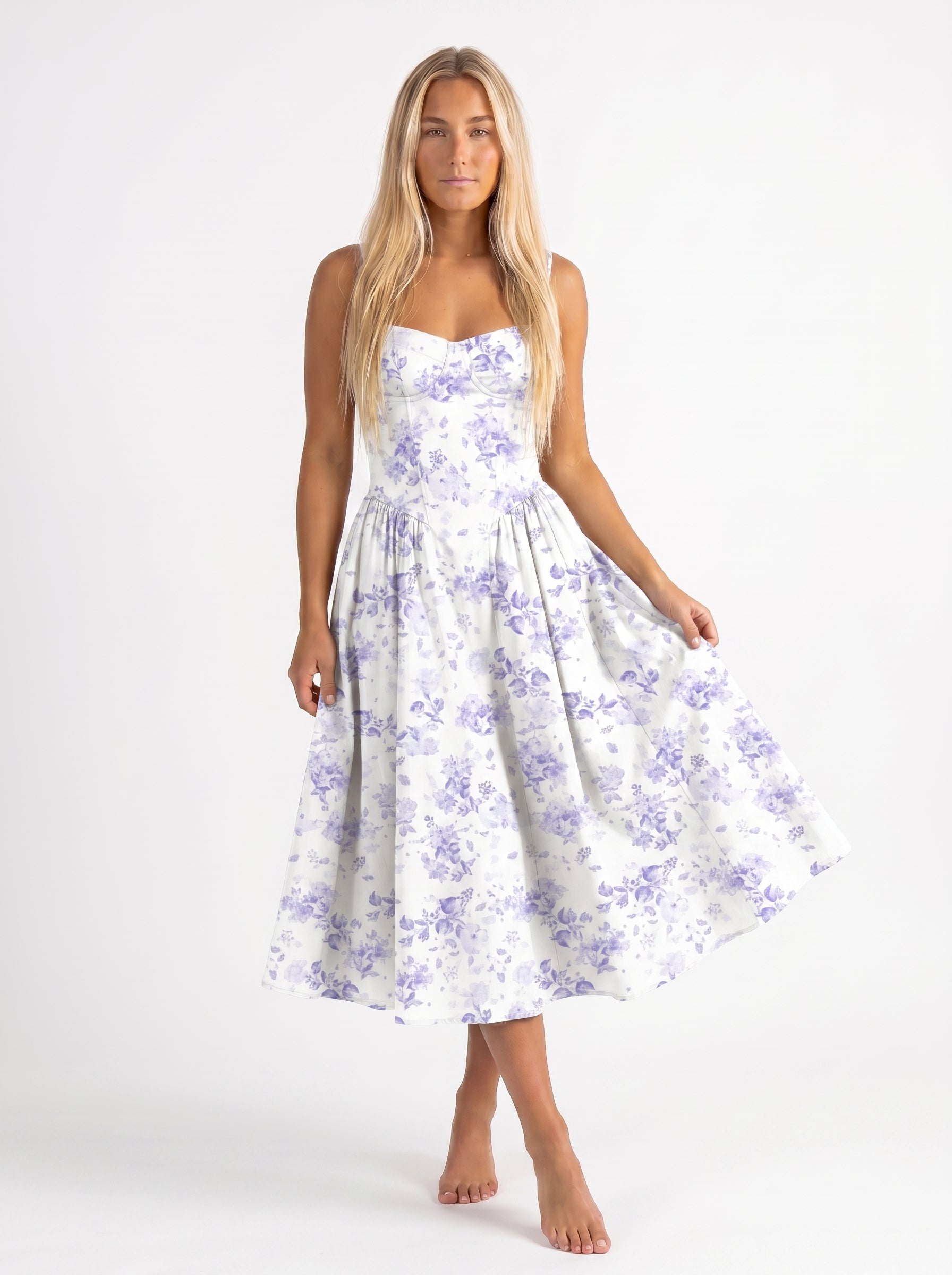 Iris | Corset A Line Midi Dress with Spaghetti Straps — Lila_front
