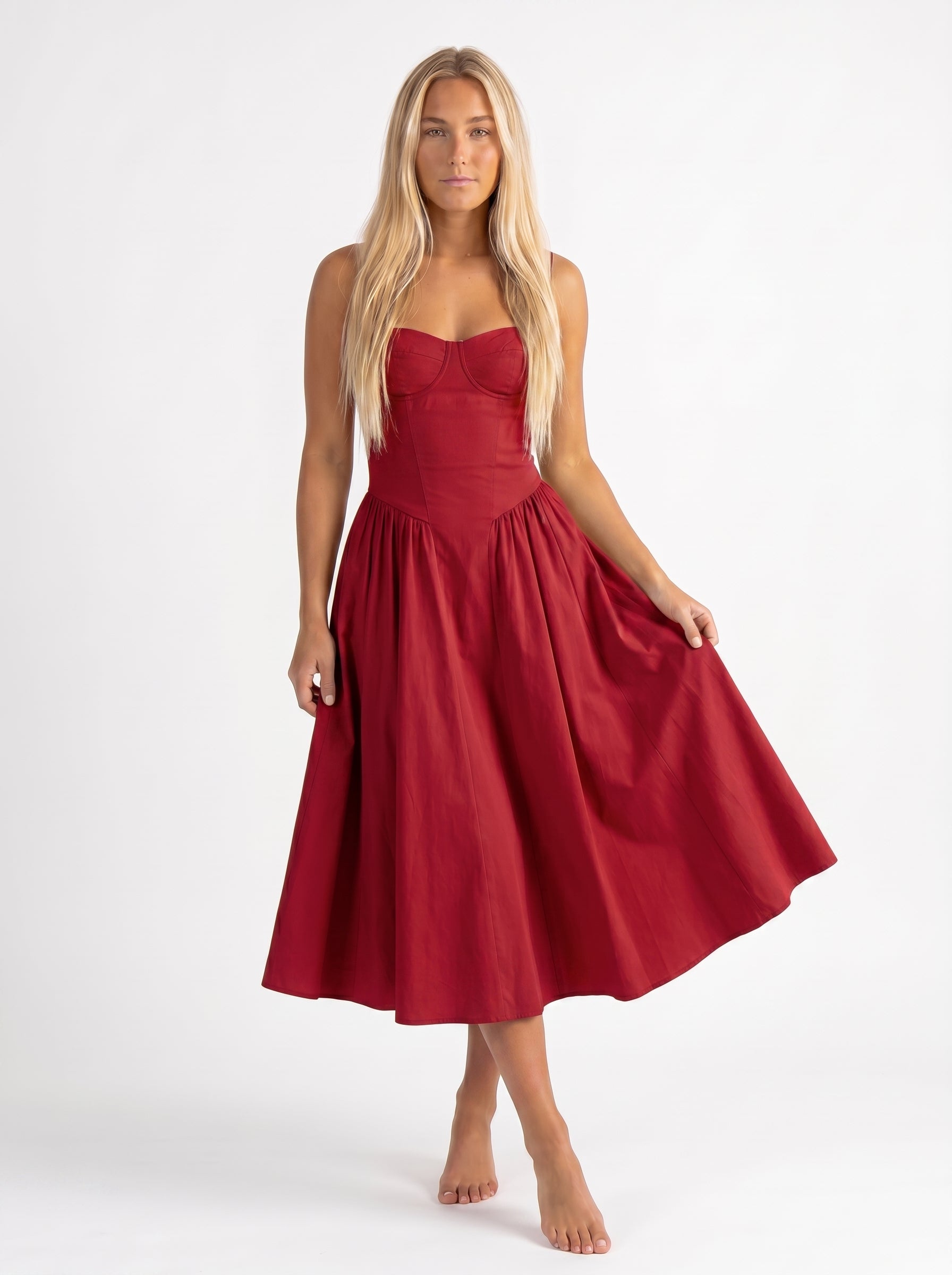 Iris | Corset A Line Midi Dress with Spaghetti Straps — Red_front