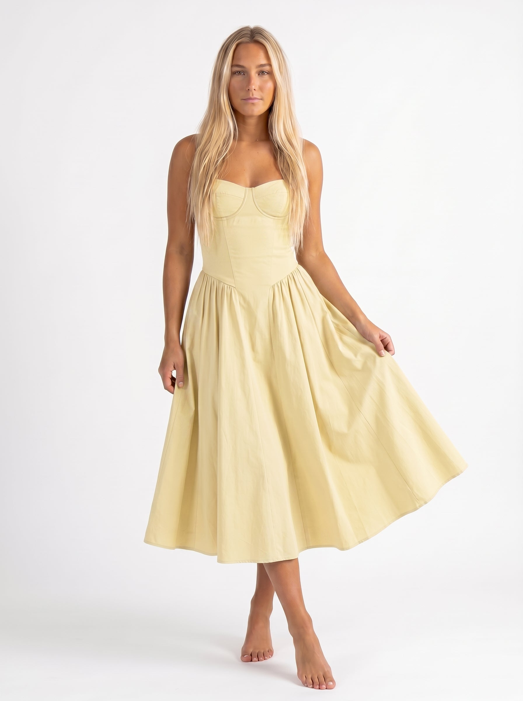 Iris | Corset A Line Midi Dress with Spaghetti Straps — Yellow_front