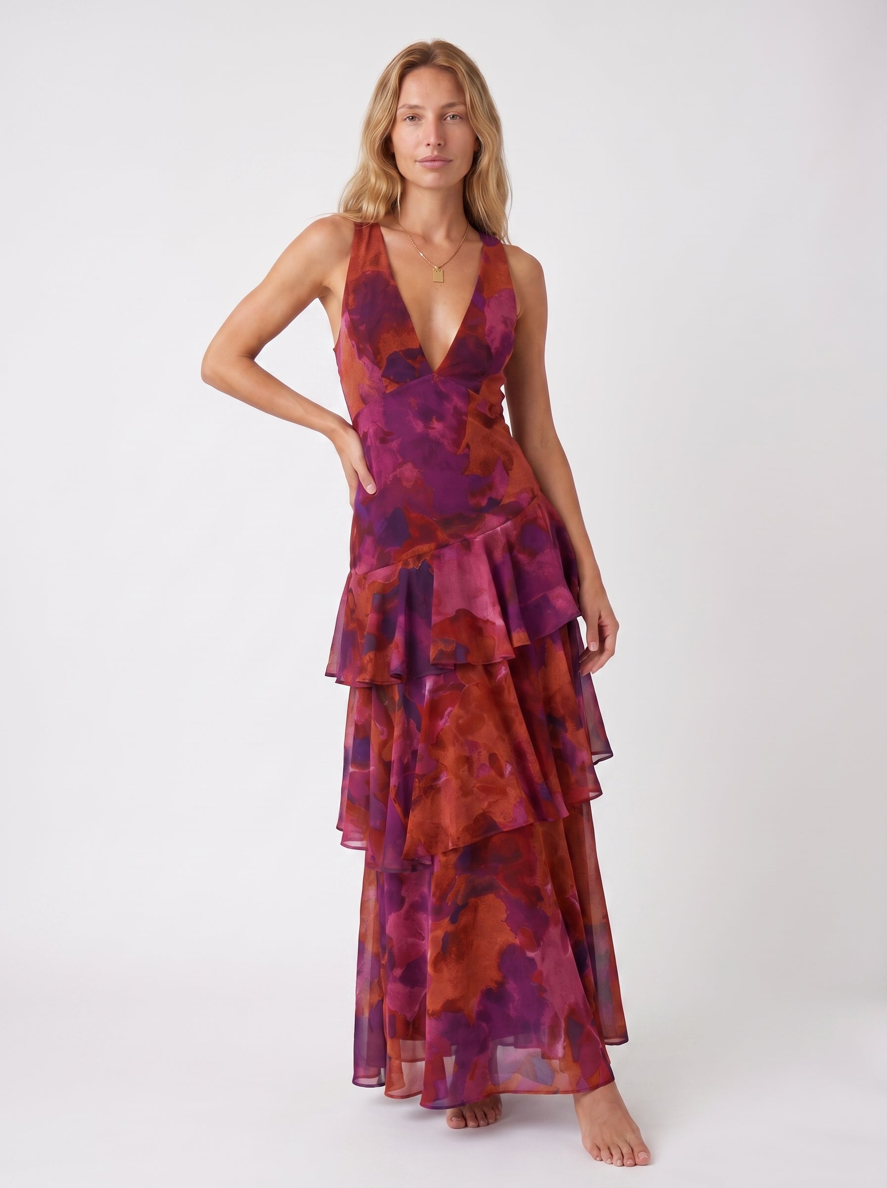 Iris | Elegant Flowy Tiered Maxi Dress with V Neckline — Burgundy_front