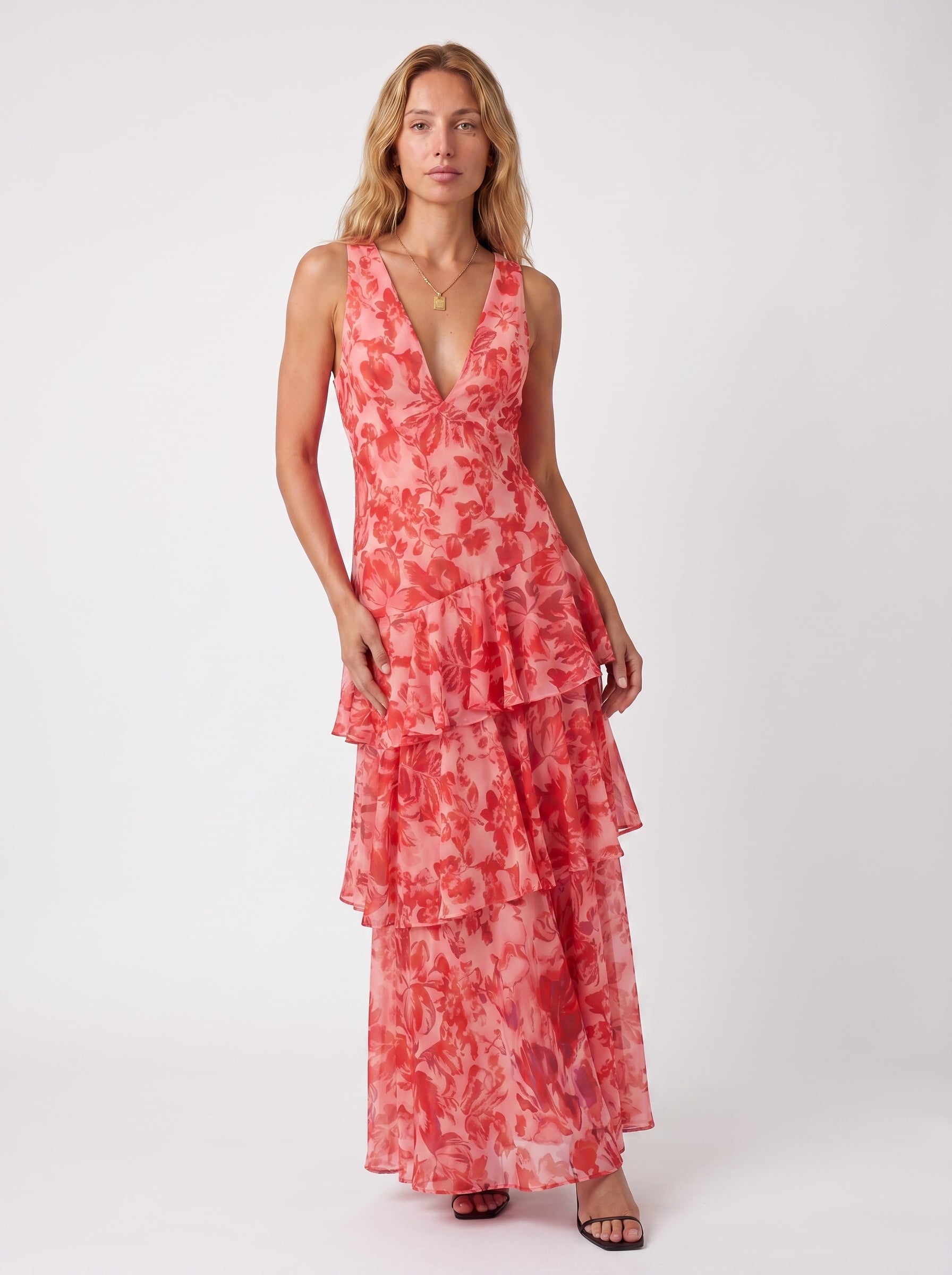 Iris | Elegant Flowy Tiered Maxi Dress with V Neckline — Red_front