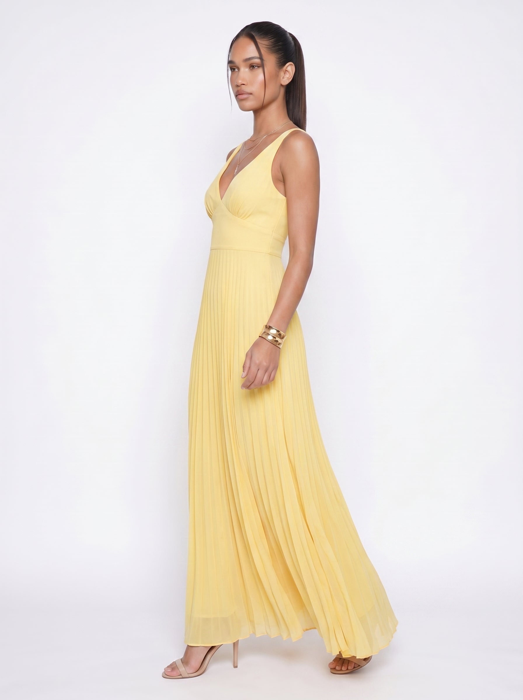 Juliette | Elegant Flowy Pleated Maxi Dress with V Neckline — side
