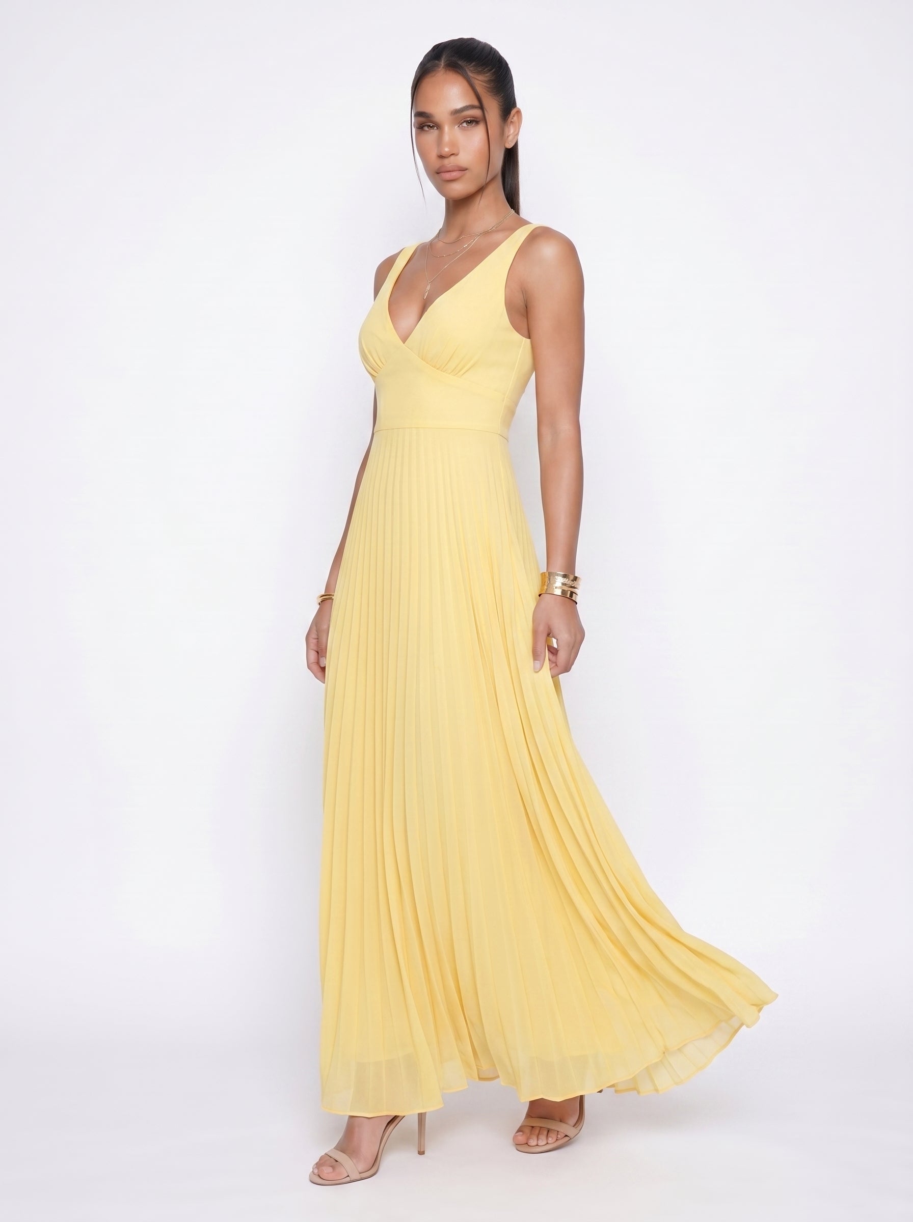 Juliette | Elegant Flowy Pleated Maxi Dress with V Neckline — three-quarter