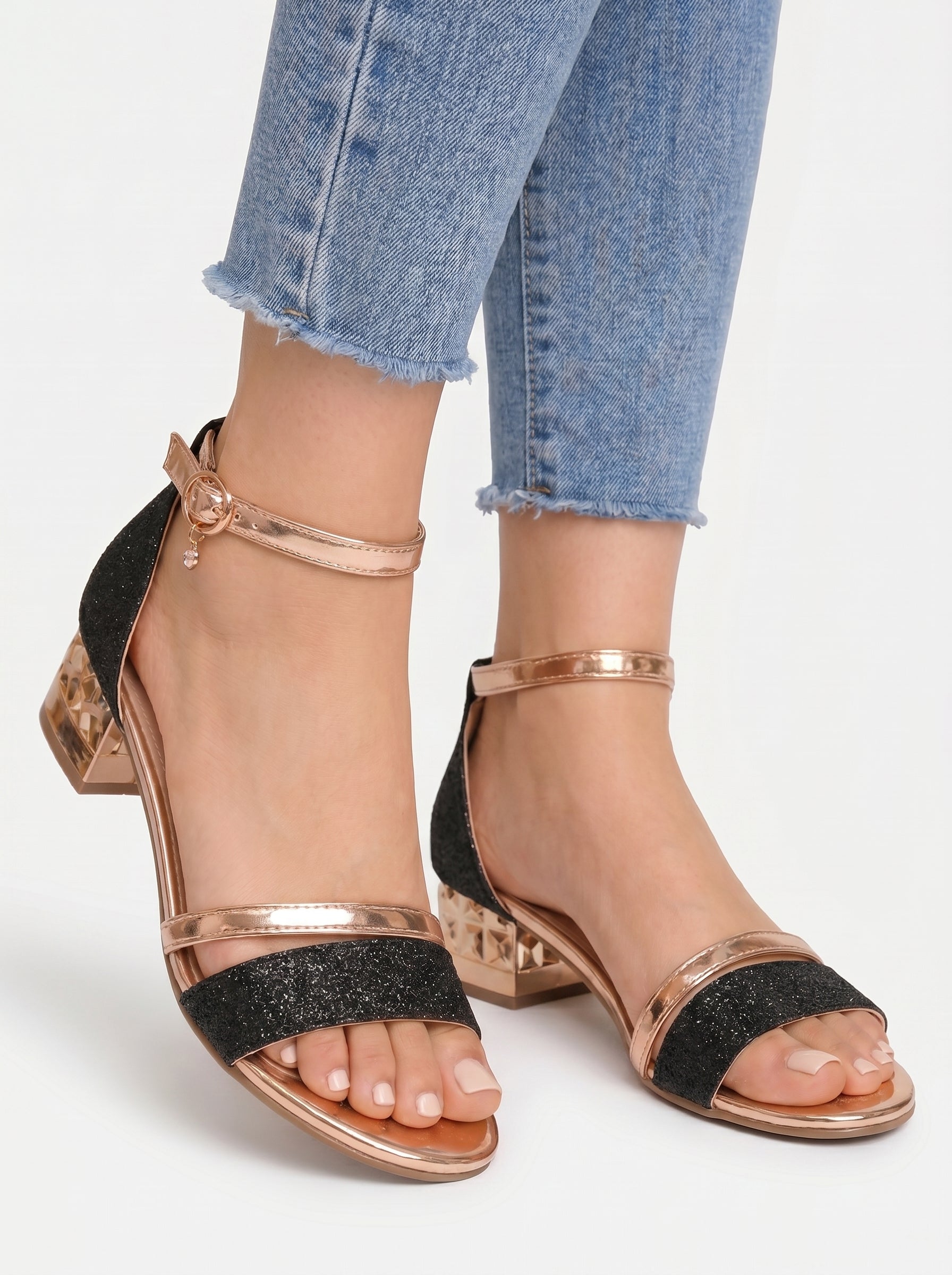 Livia | Elegant Glitter Heeled Sandals with Ankle Strap — Black_front