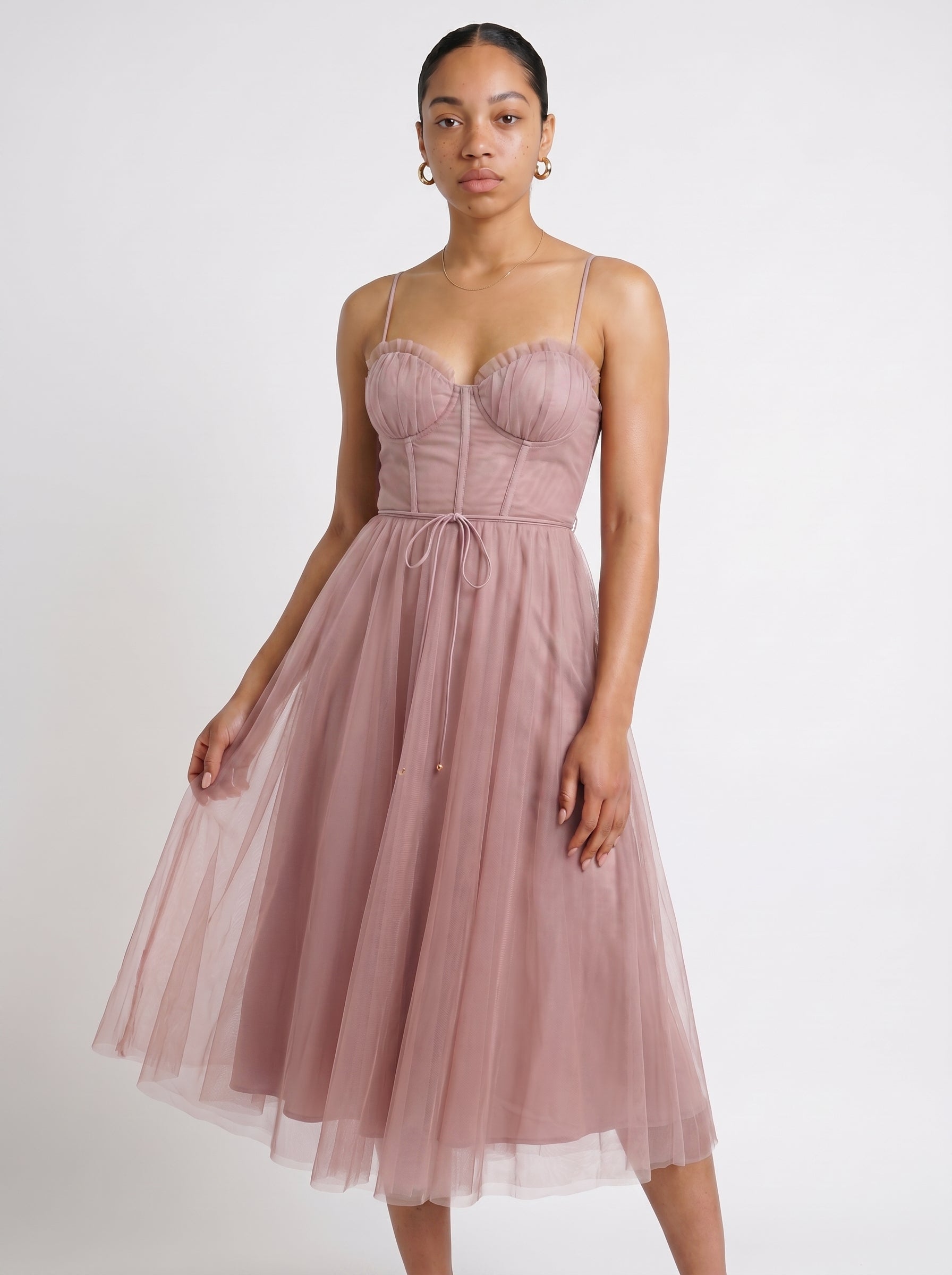 Mia | Elegant Flowy Corset A Line Midi Dress — Pink_front