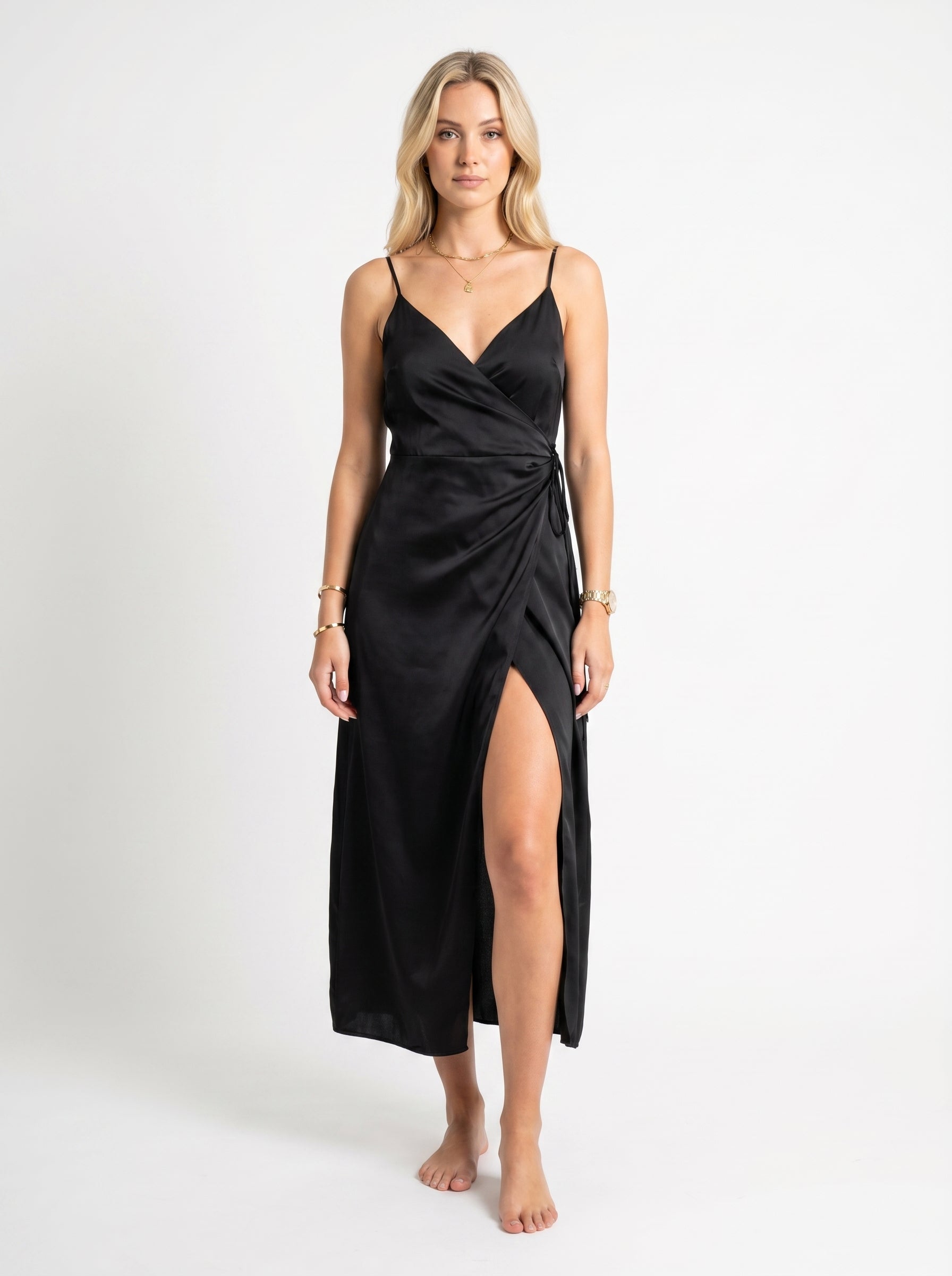Noelle | Elegant Flowy Wrap Maxi Dress with High Slit — Black_front