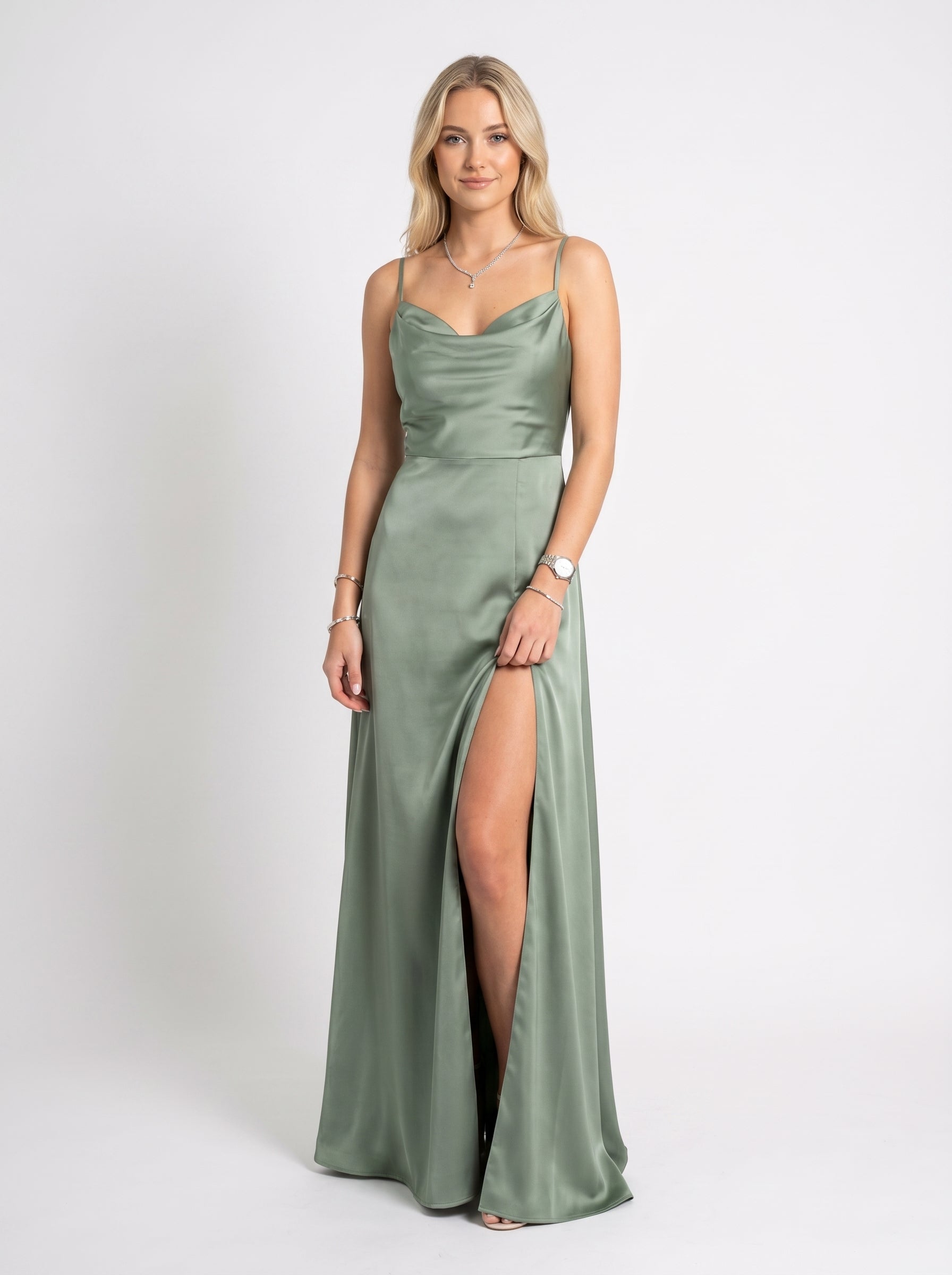 Noelle | Elegant Flowy Wrap Maxi Dress with High Slit — Light Green_front