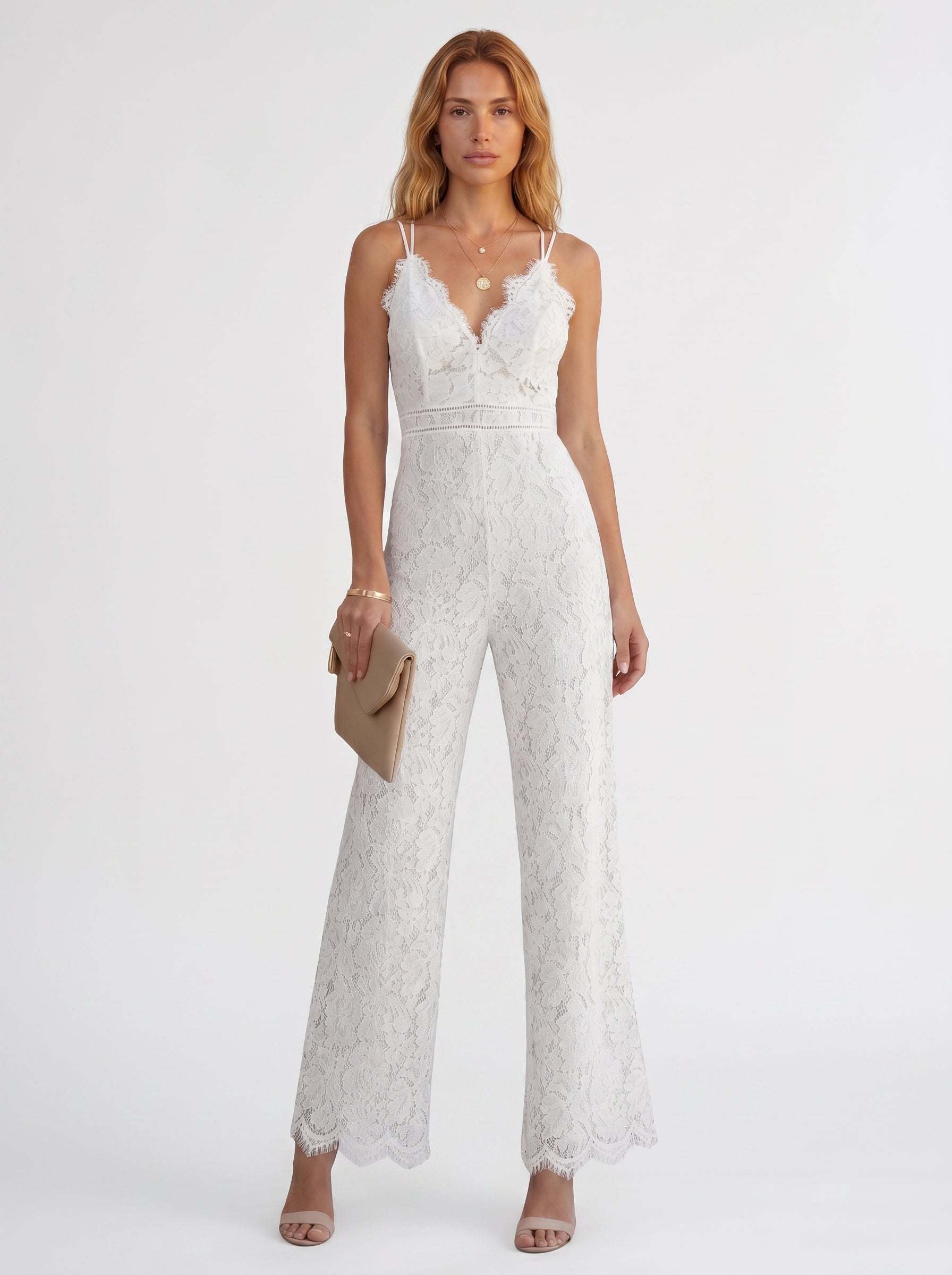 Seraphina | Elegant Lace Jumpsuit with V Neckline — White_front