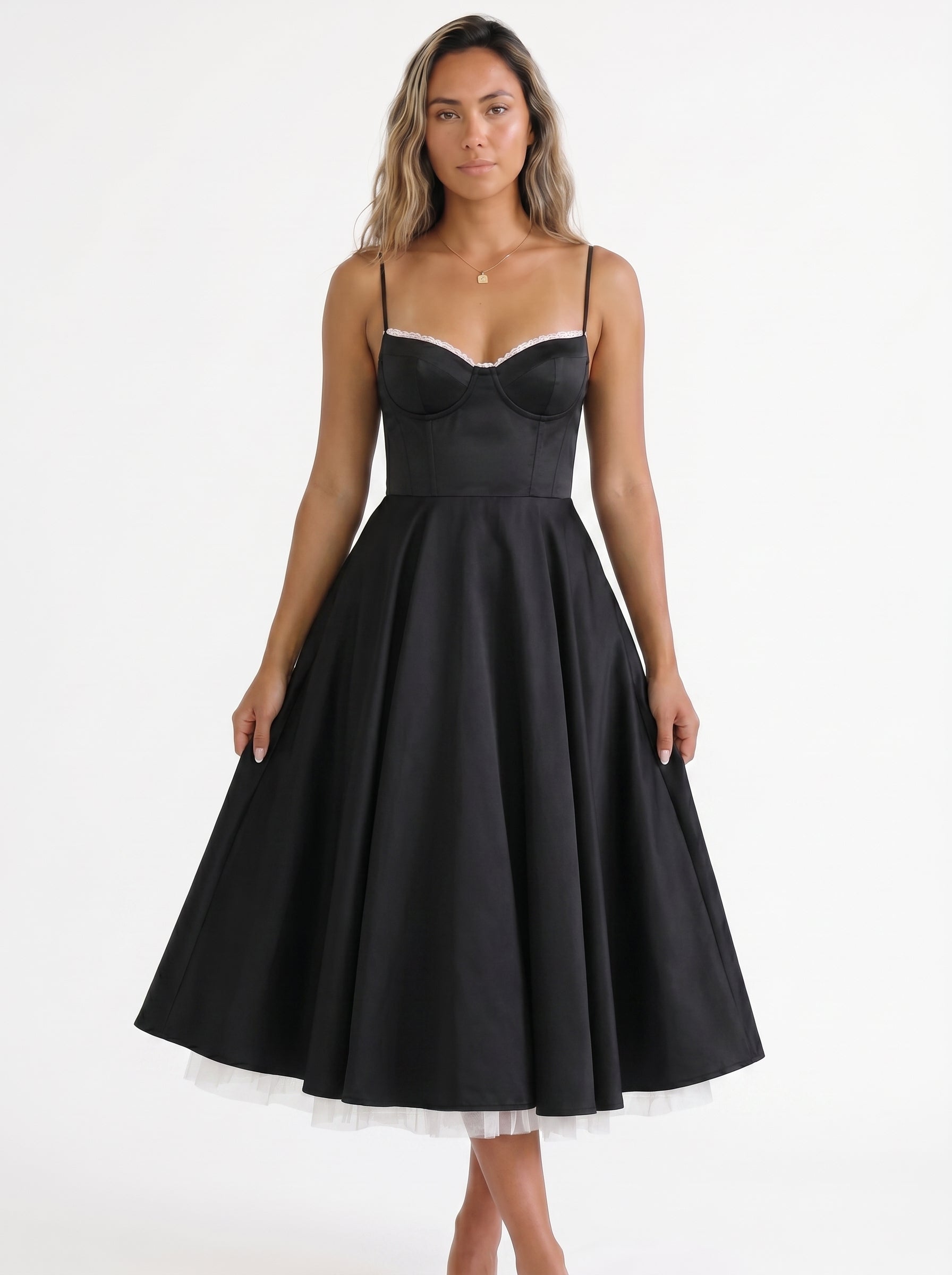 Sofia | Elegant Corset A Line Midi Dress with Sweetheart Neckline — Black_front