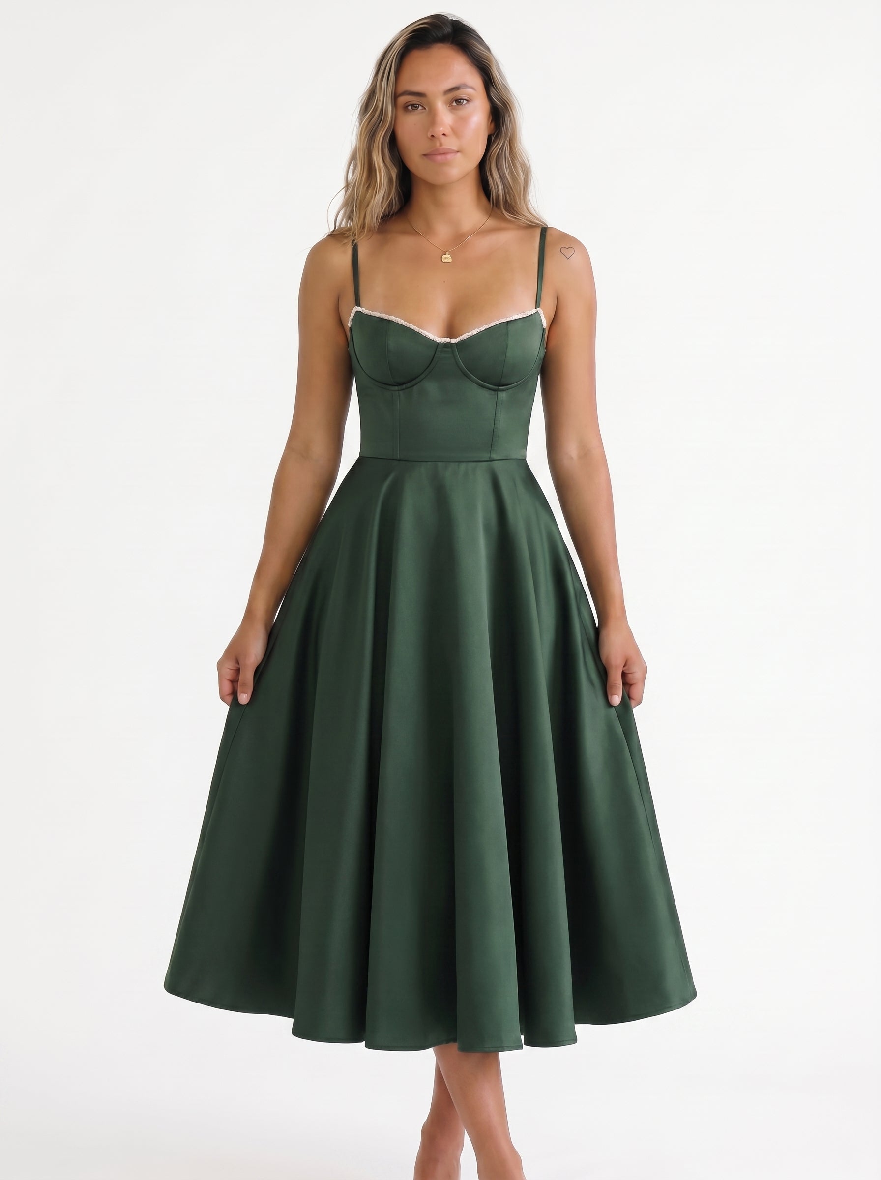 Sofia | Elegant Corset A Line Midi Dress with Sweetheart Neckline — Dark Green_front