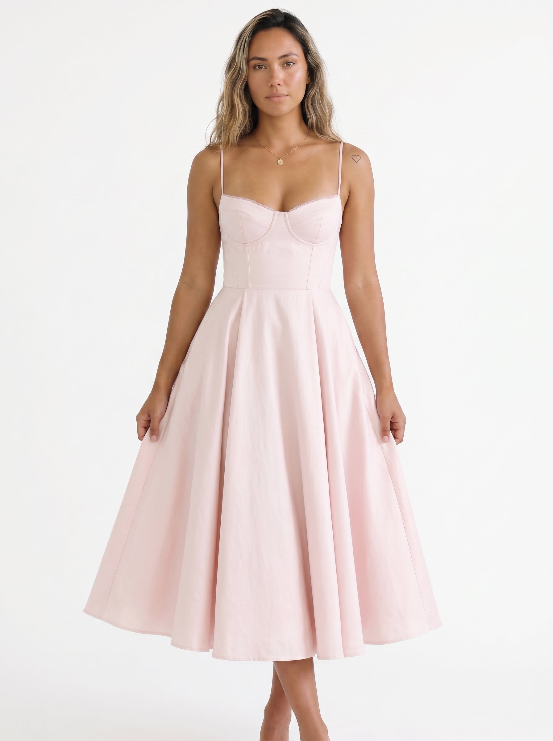 Sofia | Elegant Corset A Line Midi Dress with Sweetheart Neckline — Pink_front