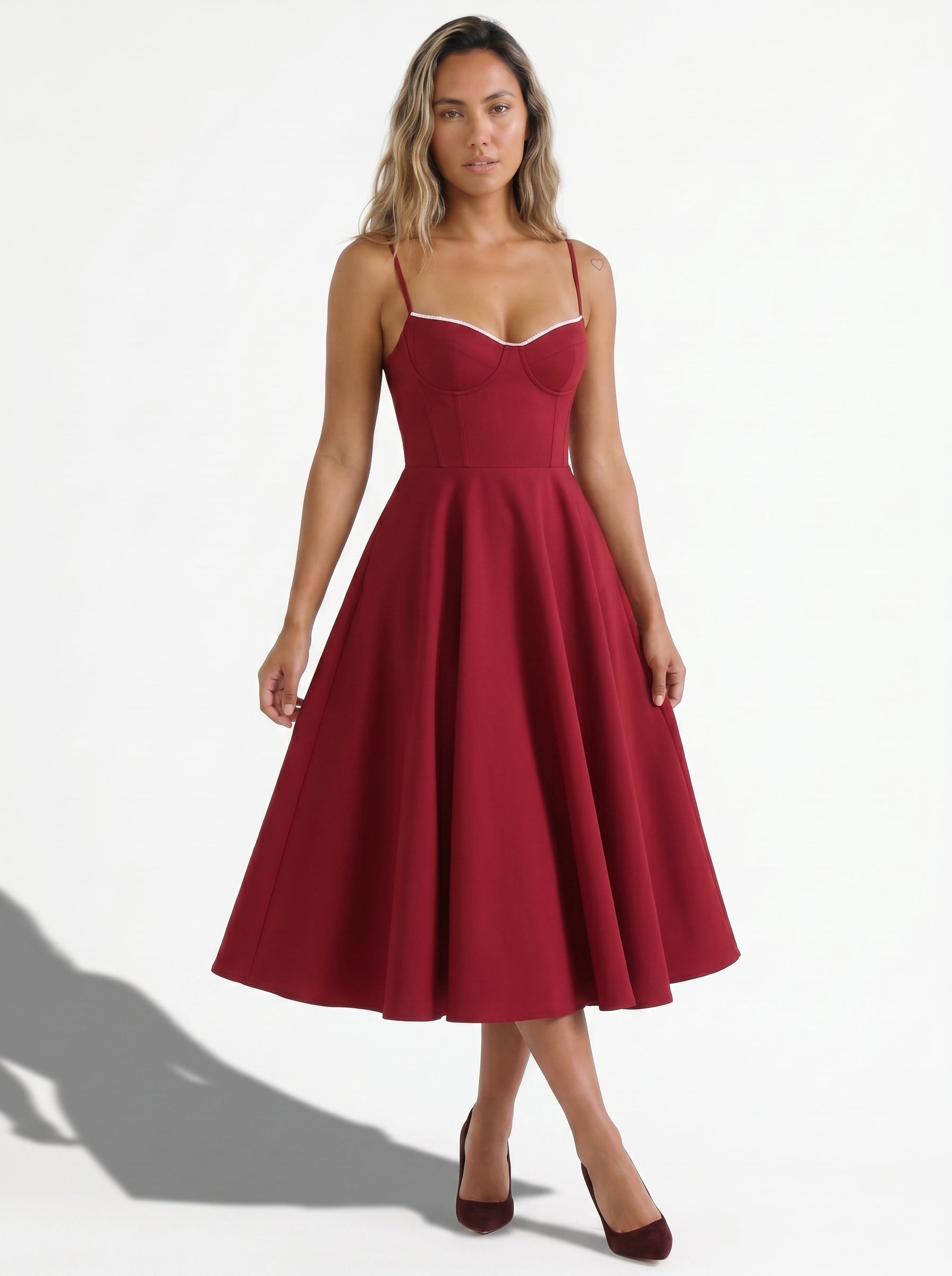 Sofia | Elegant Corset A Line Midi Dress with Sweetheart Neckline — Red_front