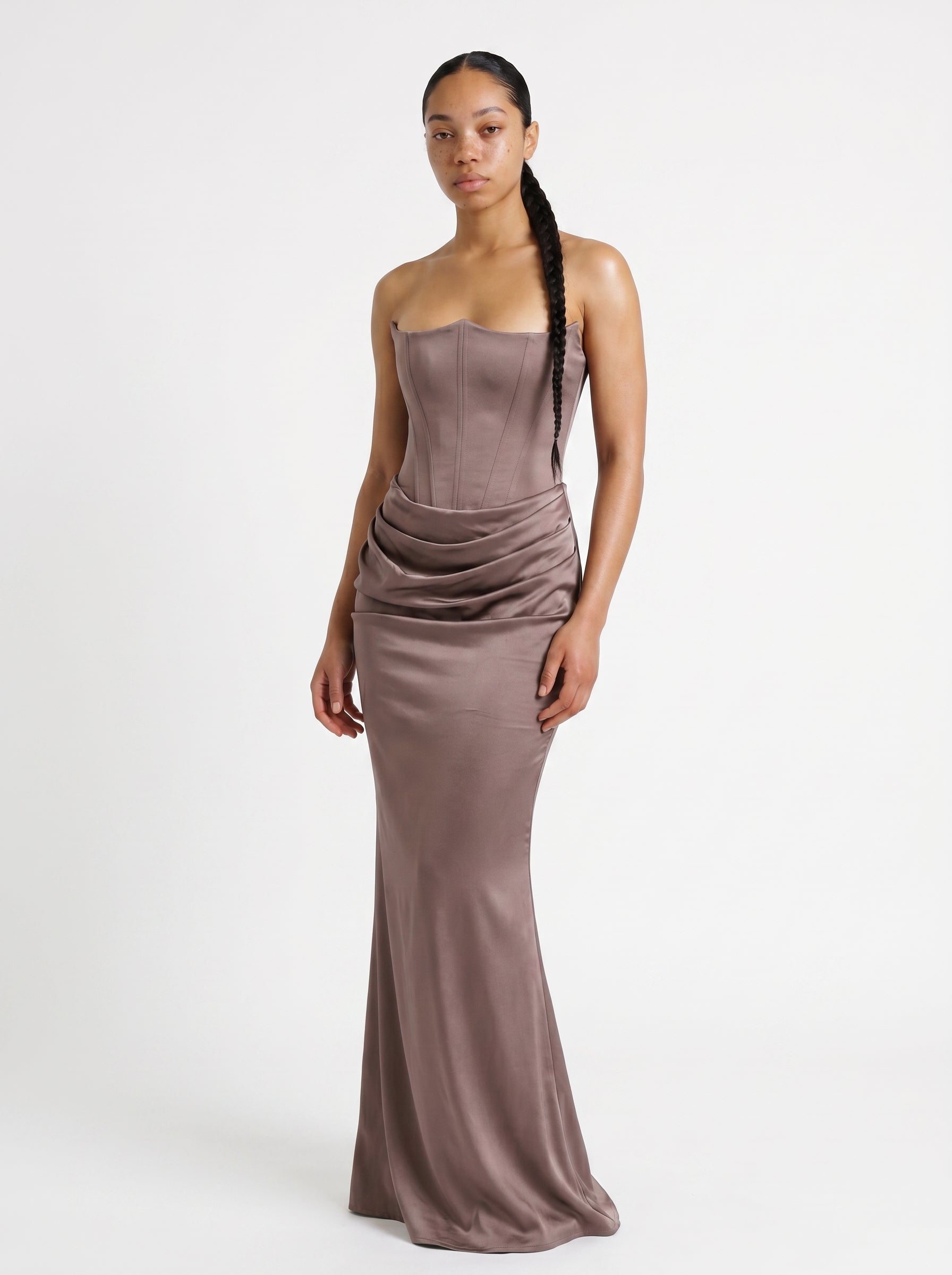 Sofia | Elegant Satin Corset Maxi Dress with Strapless Neckline — Light Brown_front