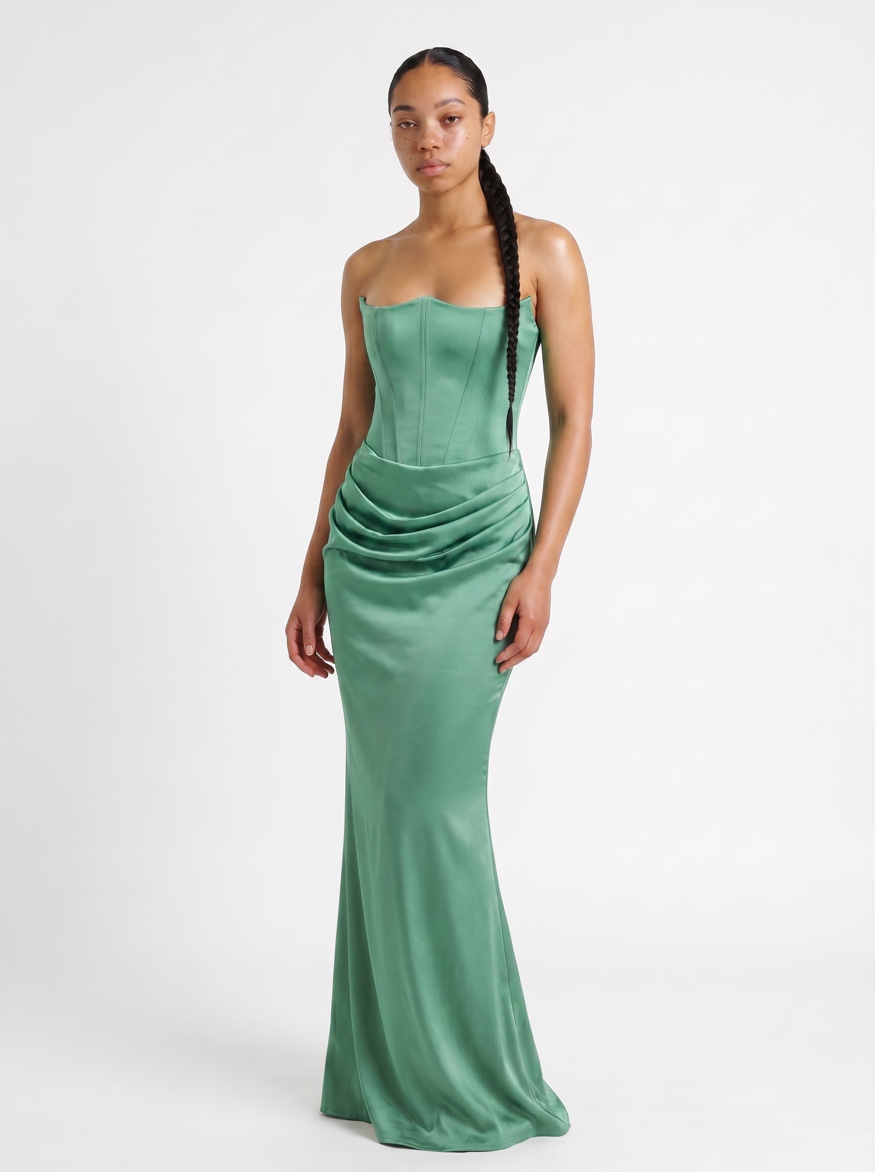 Sofia | Elegant Satin Corset Maxi Dress with Strapless Neckline — Turquiose_front