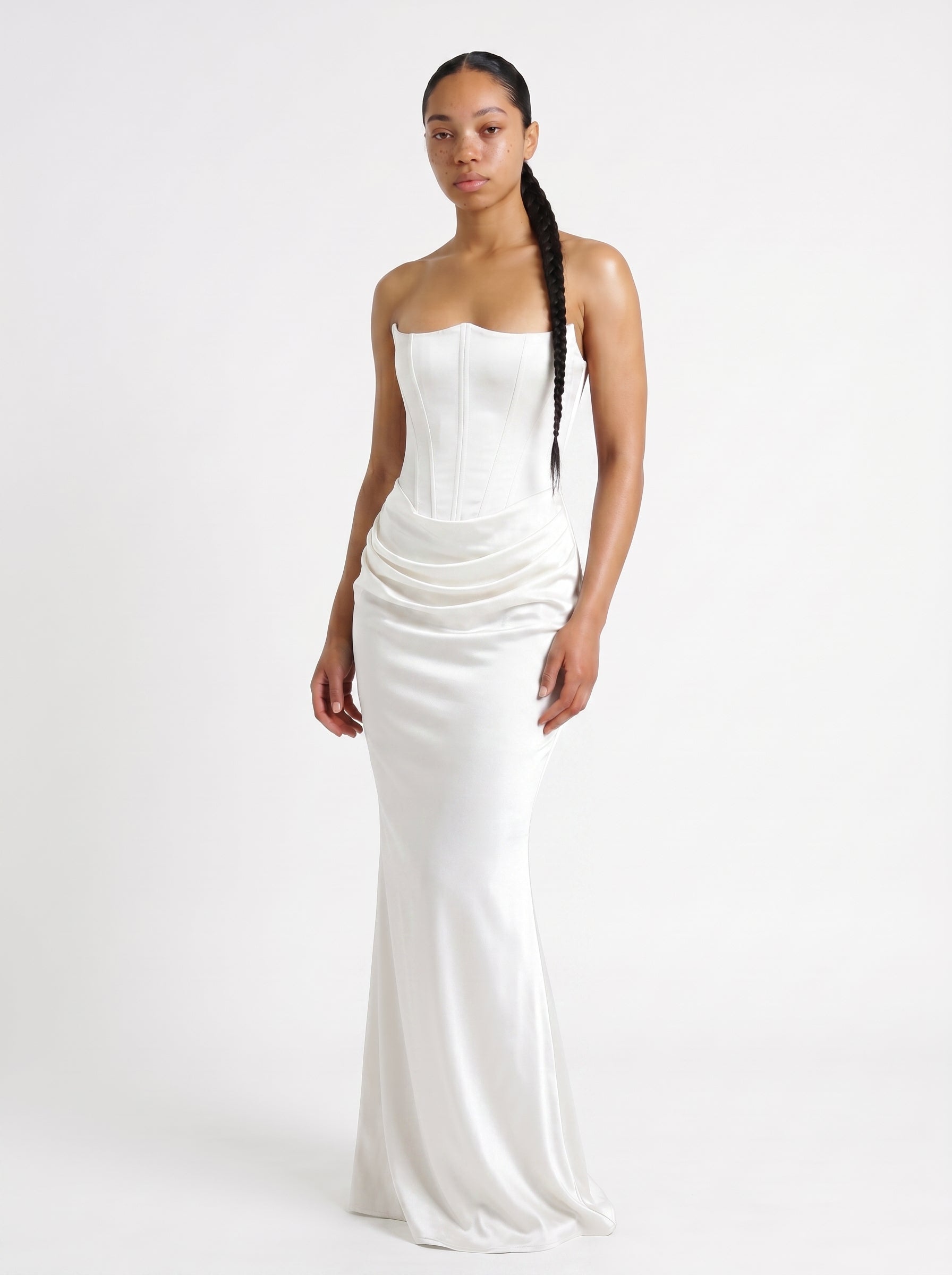 Sofia | Elegant Satin Corset Maxi Dress with Strapless Neckline — White_front