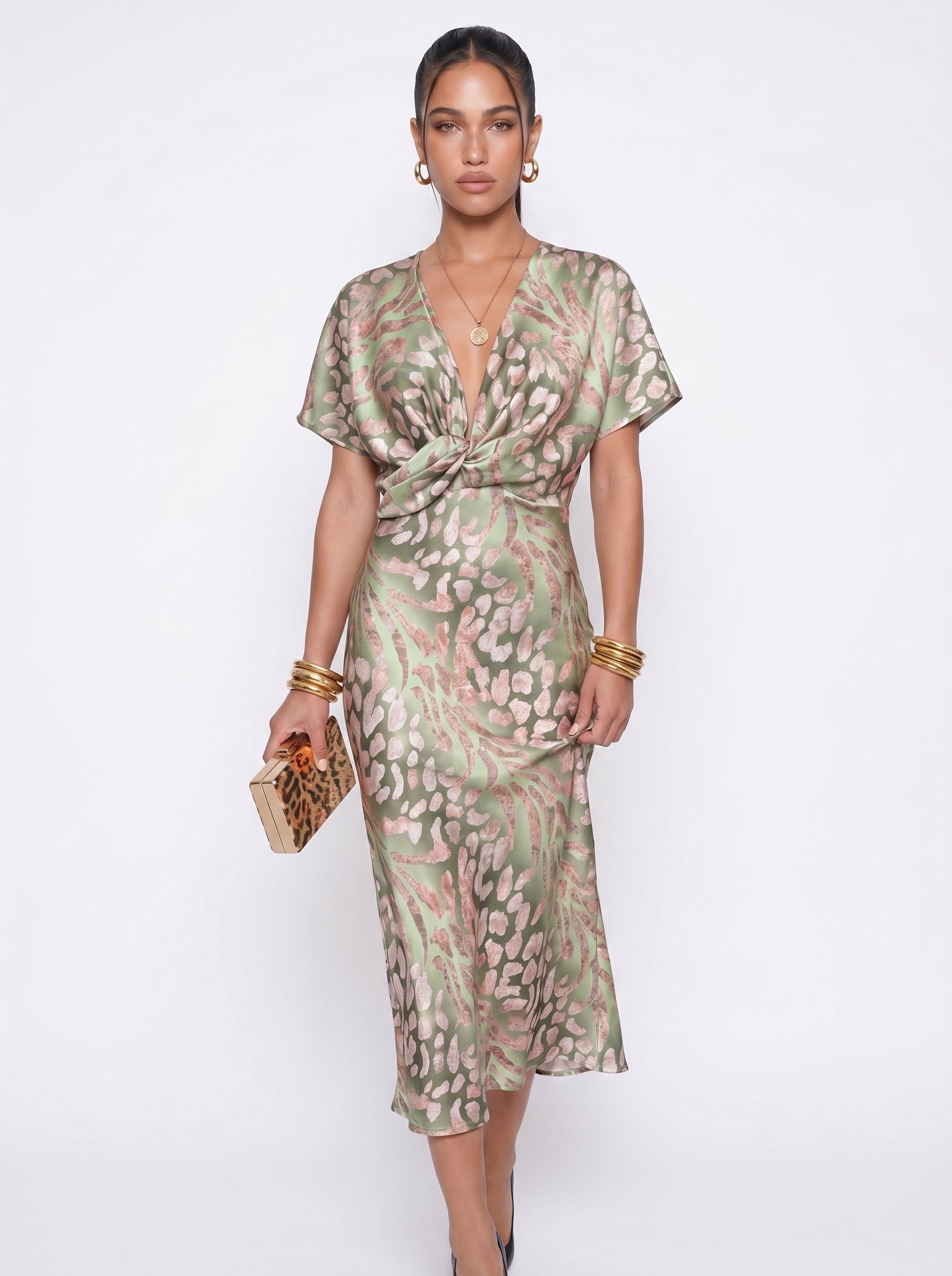 Valentina | Elegant Flowy Maxi Dress with Twist Front Detail — front